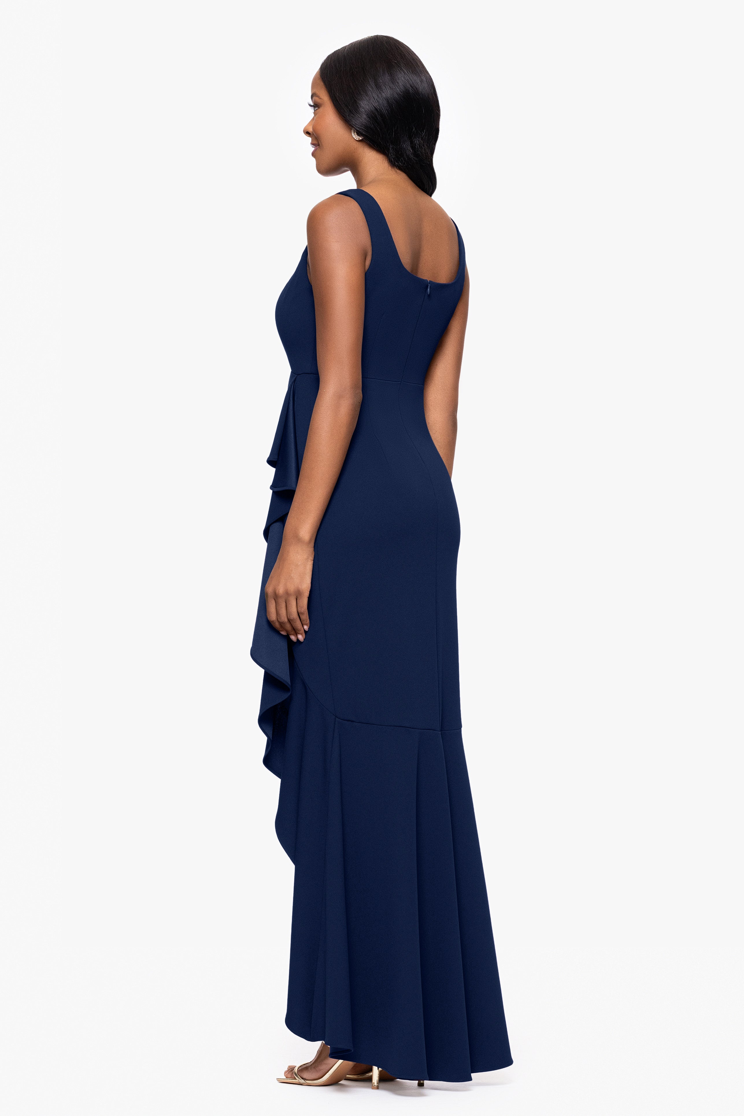 "Lilly" Scuba Crepe Square Neck Ruffle Floor Length Dress
