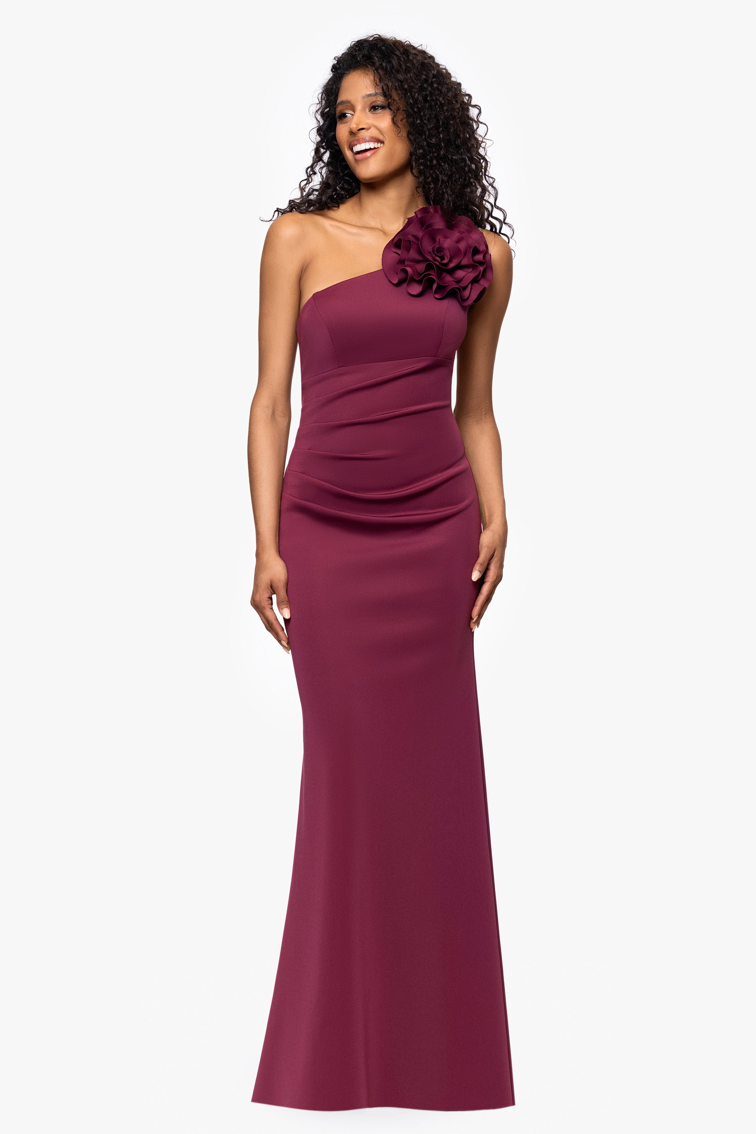 "Sharon" Techno Scuba One Shoulder Flower Floor Length Dress