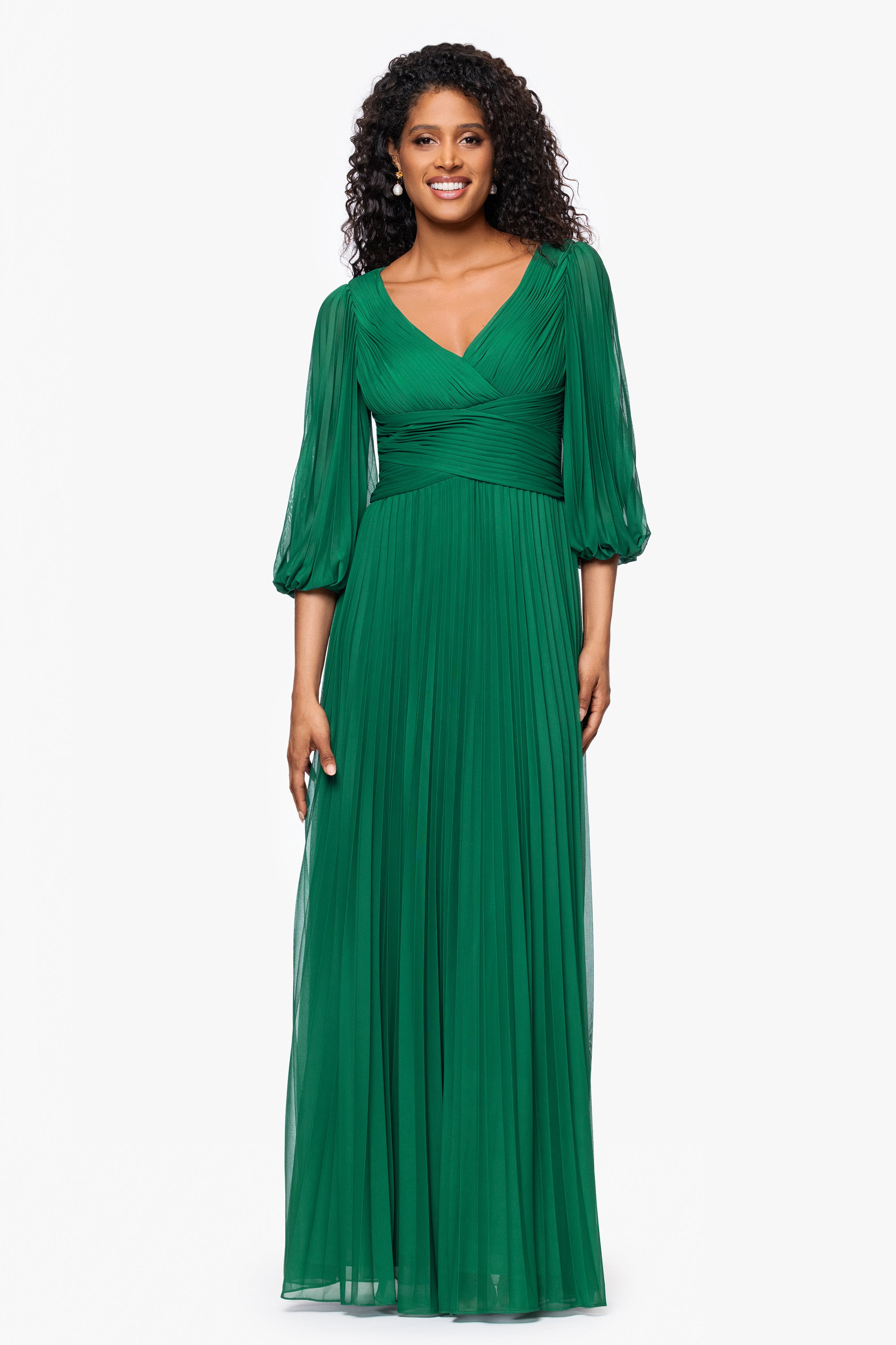 "Saraya" Sheer Matter Jersey 3/4 Sleeve V-Neck Floor Length Dress