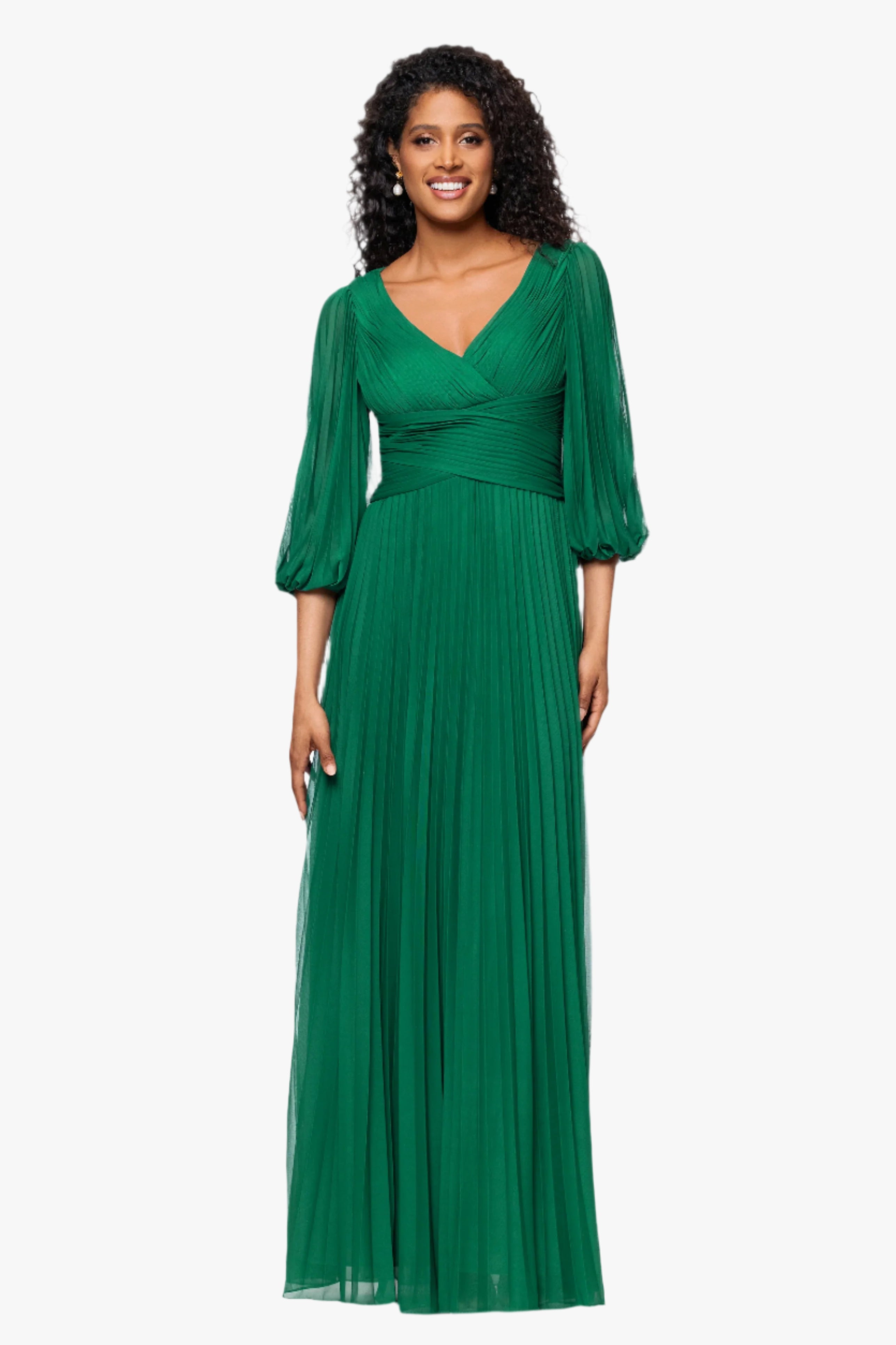 Petite "Saraya" Sheer Matter Jersey 3/4 Sleeve V-Neck Floor Length Dress