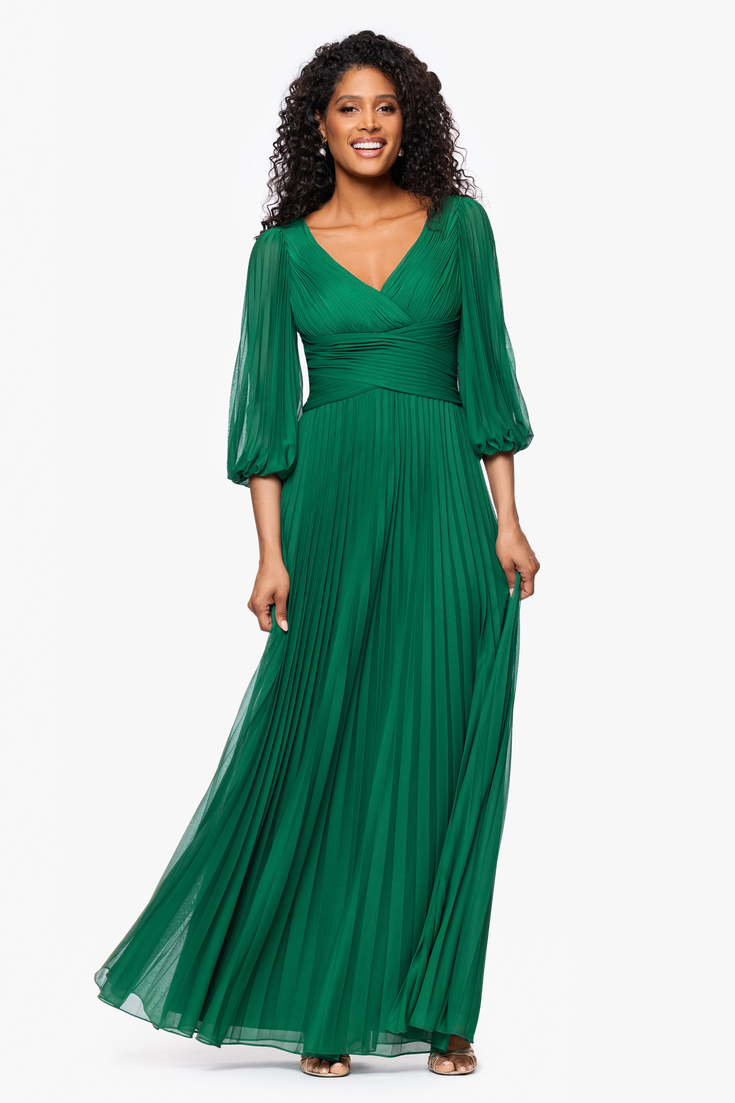 "Saraya" Sheer Matter Jersey 3/4 Sleeve V-Neck Floor Length Dress