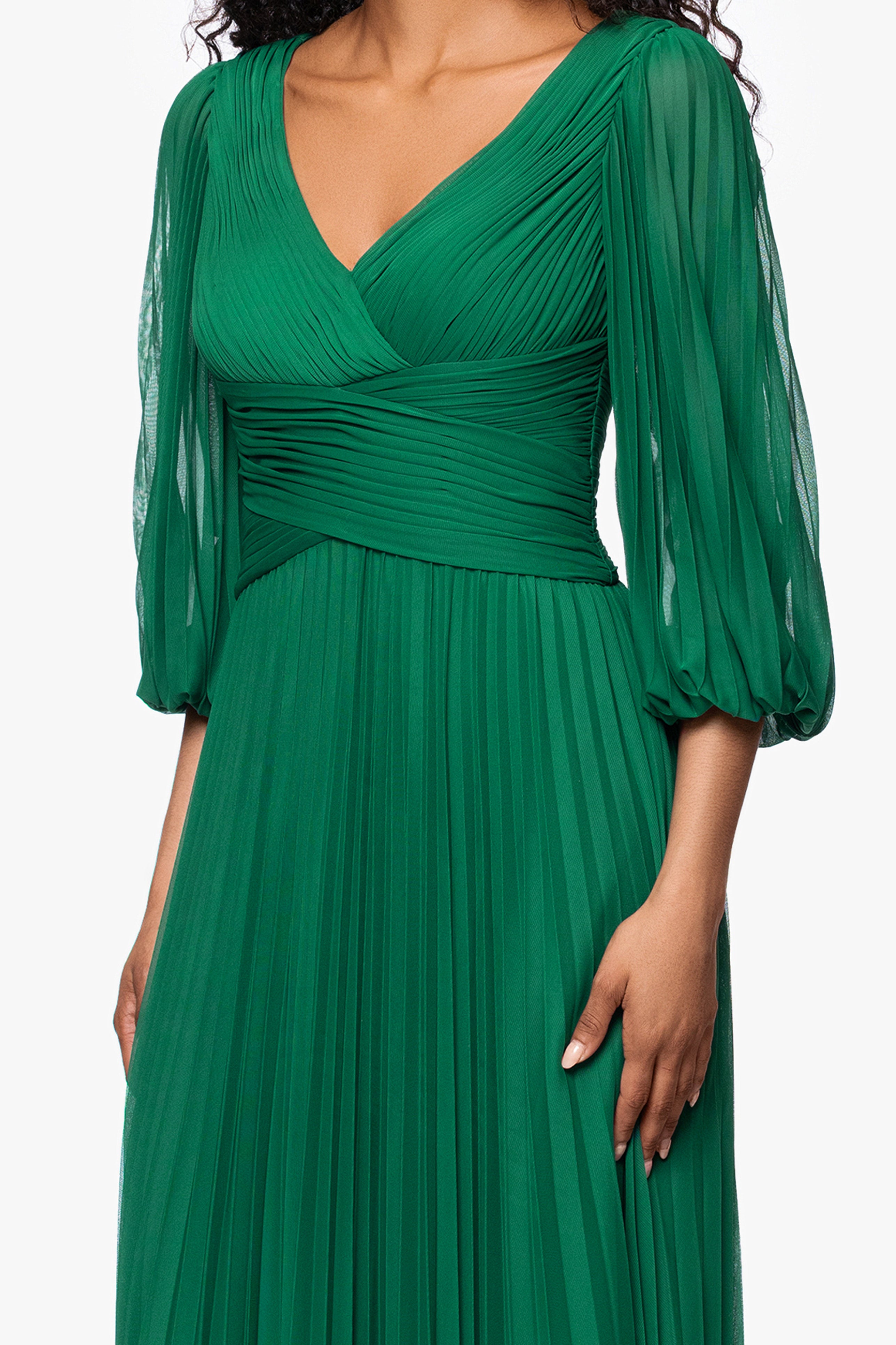 "Saraya" Sheer Matter Jersey 3/4 Sleeve V-Neck Floor Length Dress