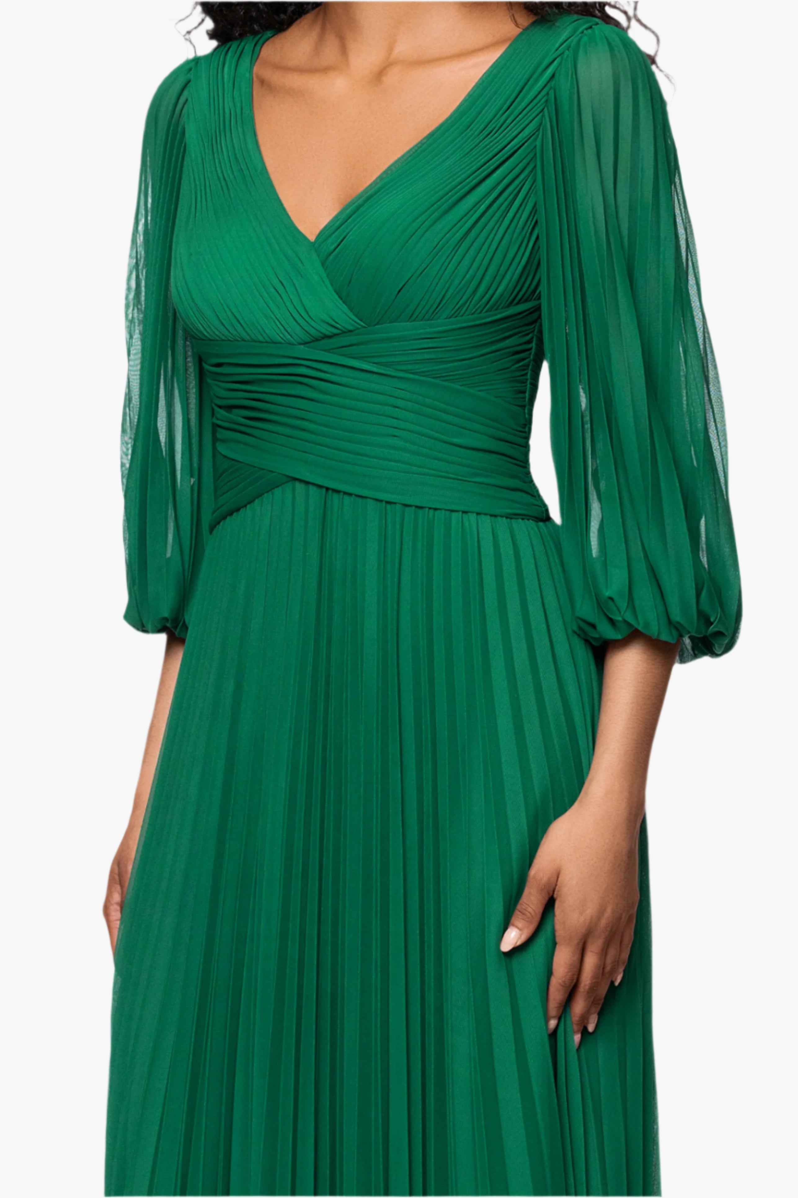 Petite "Saraya" Sheer Matter Jersey 3/4 Sleeve V-Neck Floor Length Dress