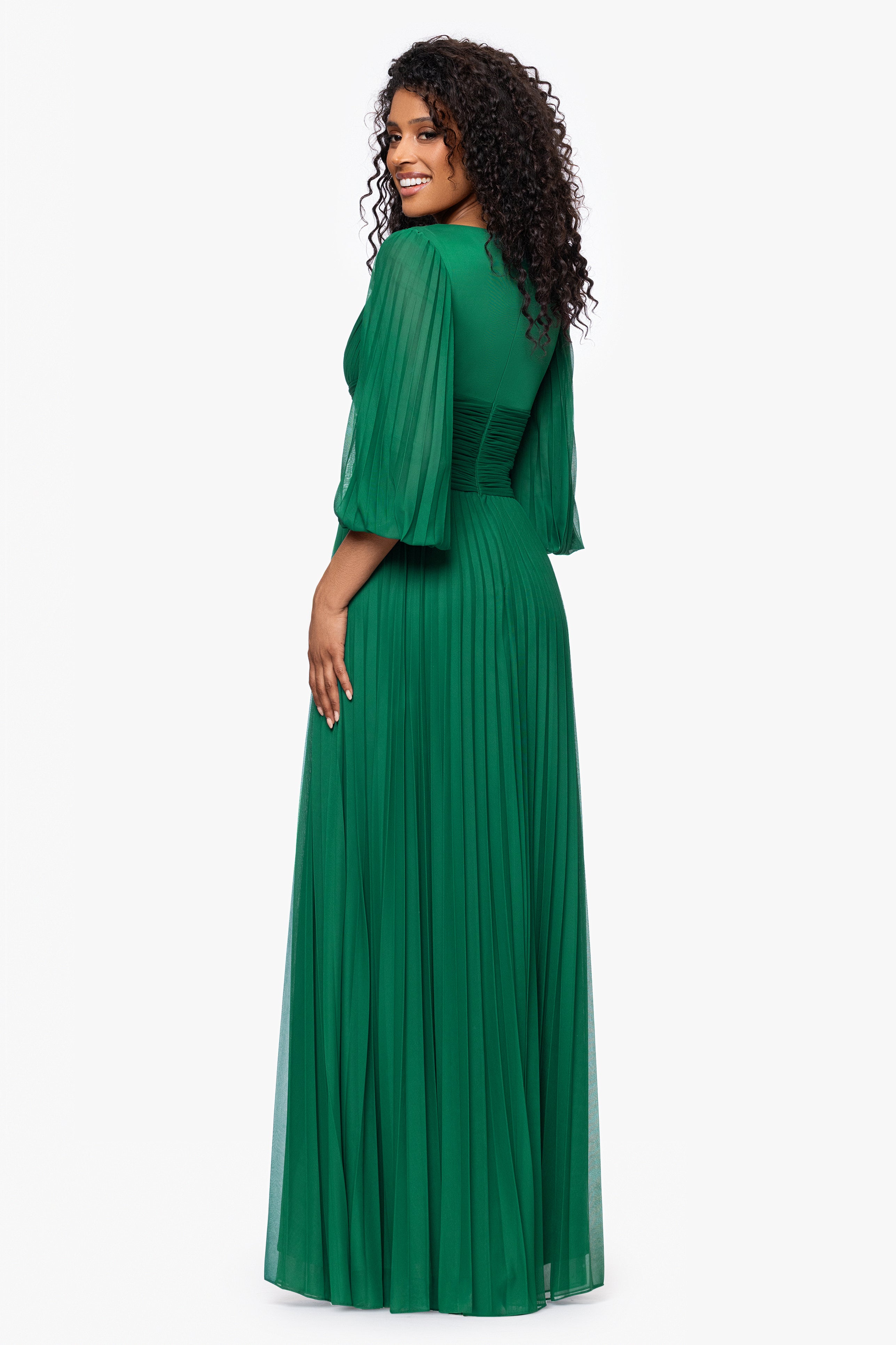 "Saraya" Sheer Matter Jersey 3/4 Sleeve V-Neck Floor Length Dress