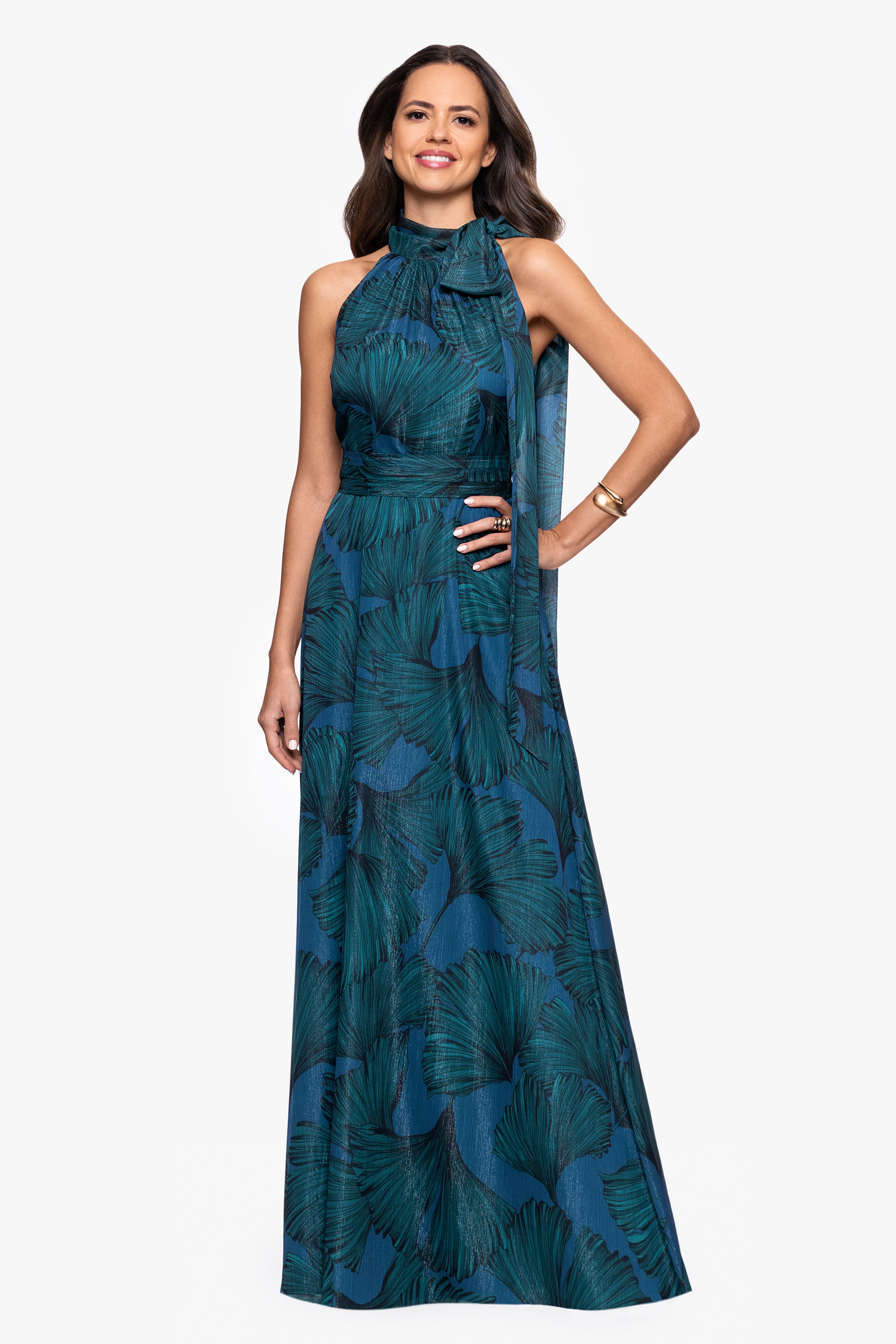 "Devina" Print Chiffon Shimmer Tieneck Floor Length Dress