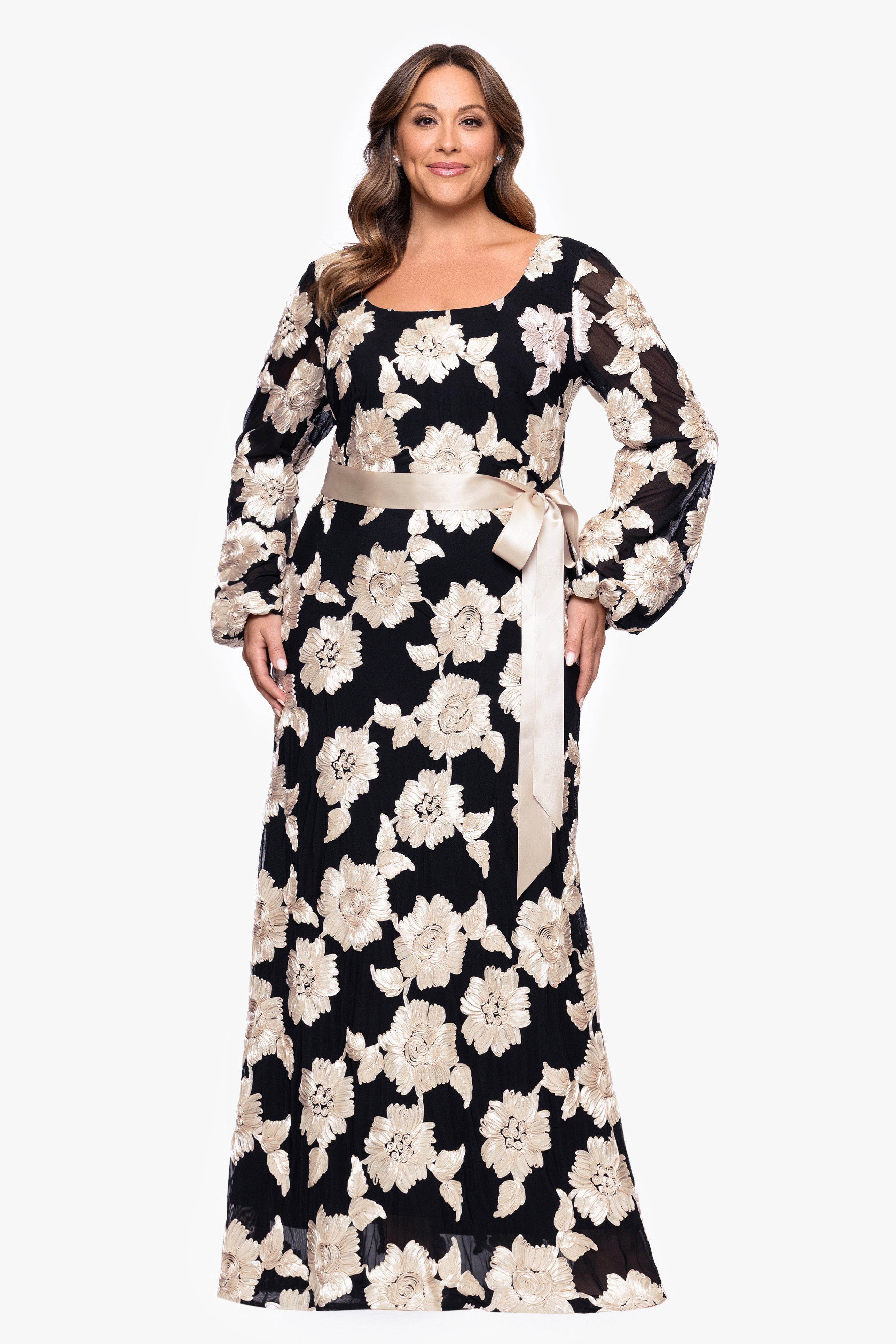 Plus "Luciana" Soutache Mesh Waist Tie Long Sleeve Floor Length Dress