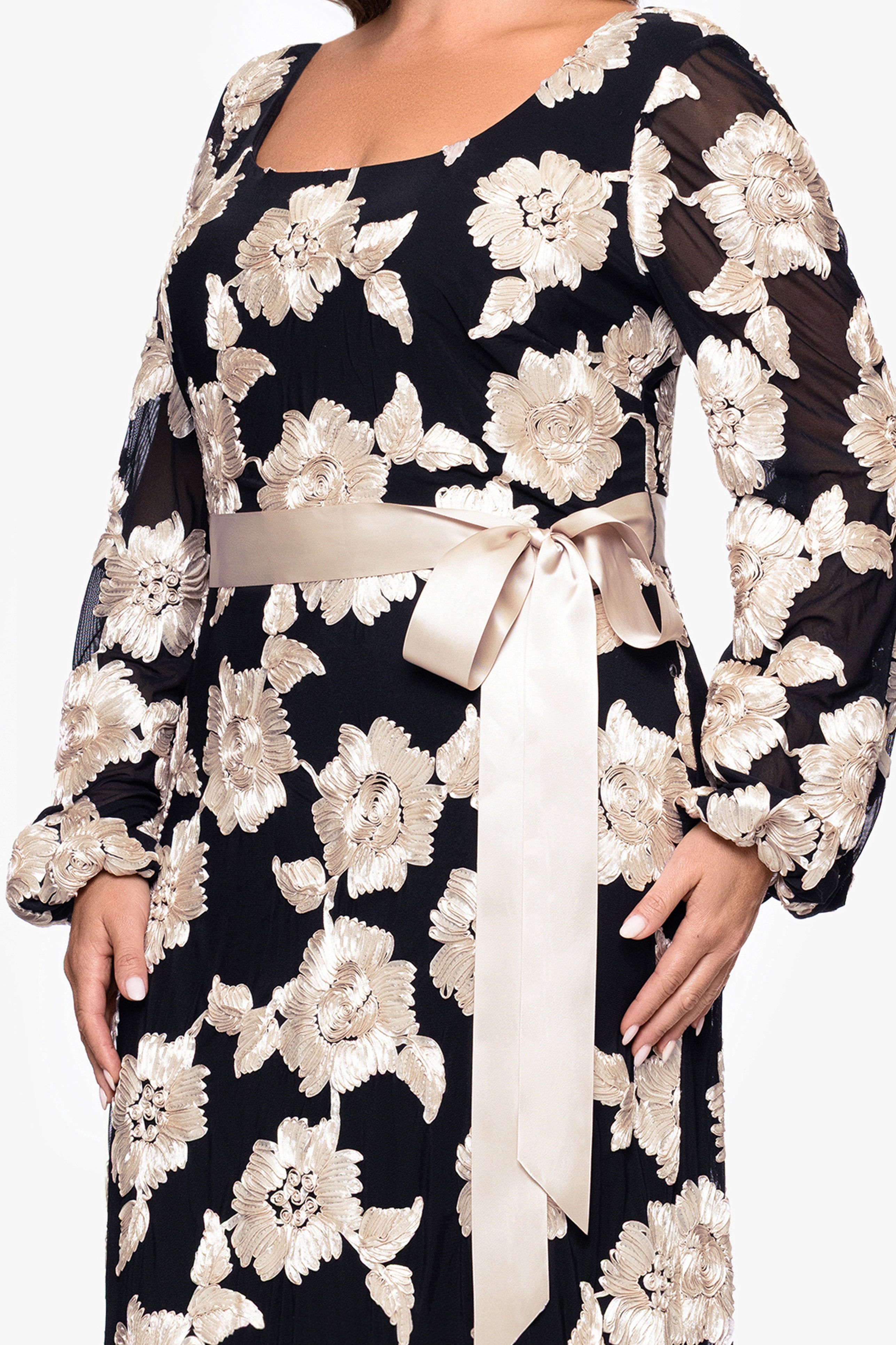 Plus "Luciana" Soutache Mesh Waist Tie Long Sleeve Floor Length Dress