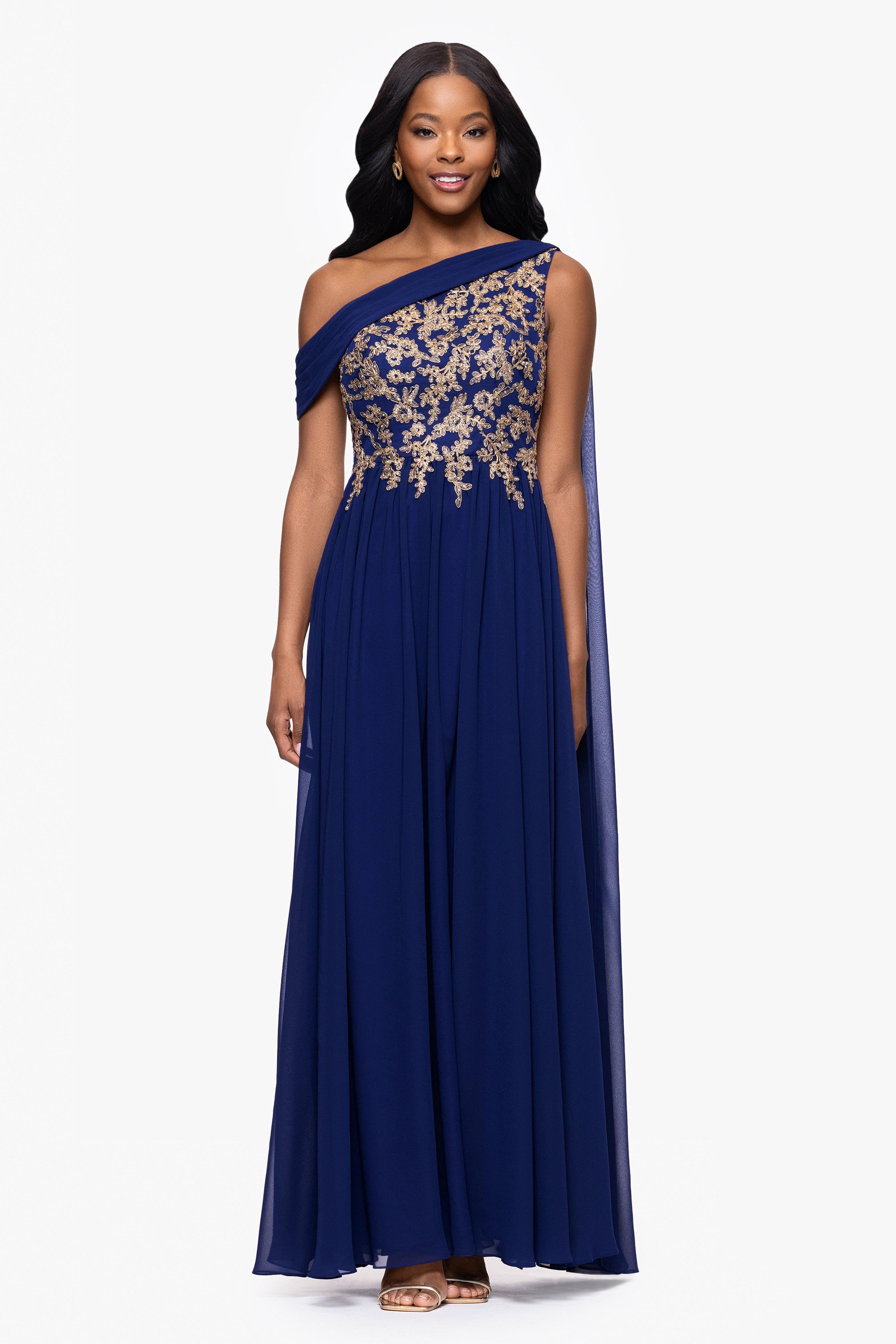 "Dove" Chiffon Drop Shoulder Applique Floor Length Dress