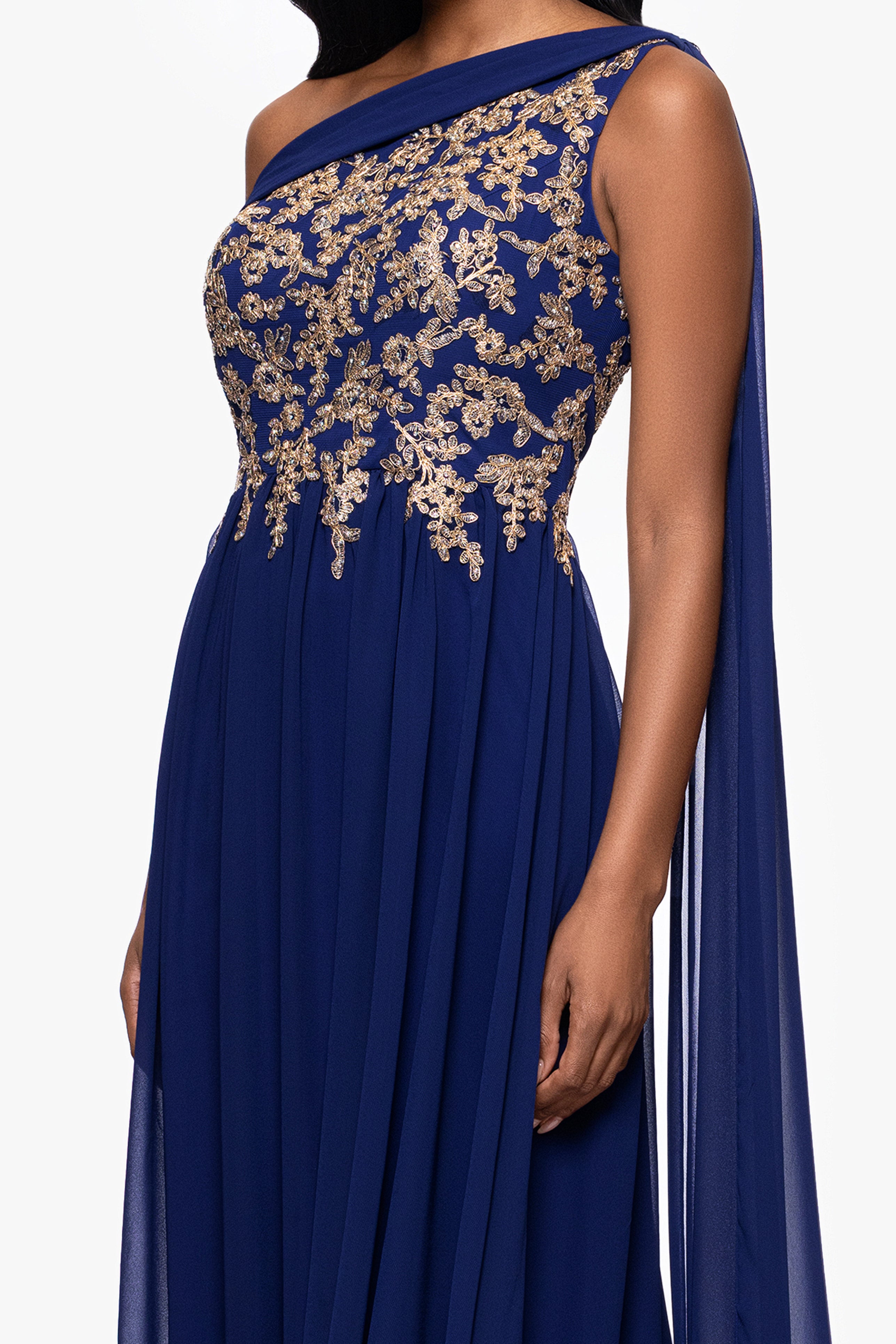 "Dove" Chiffon Drop Shoulder Applique Floor Length Dress