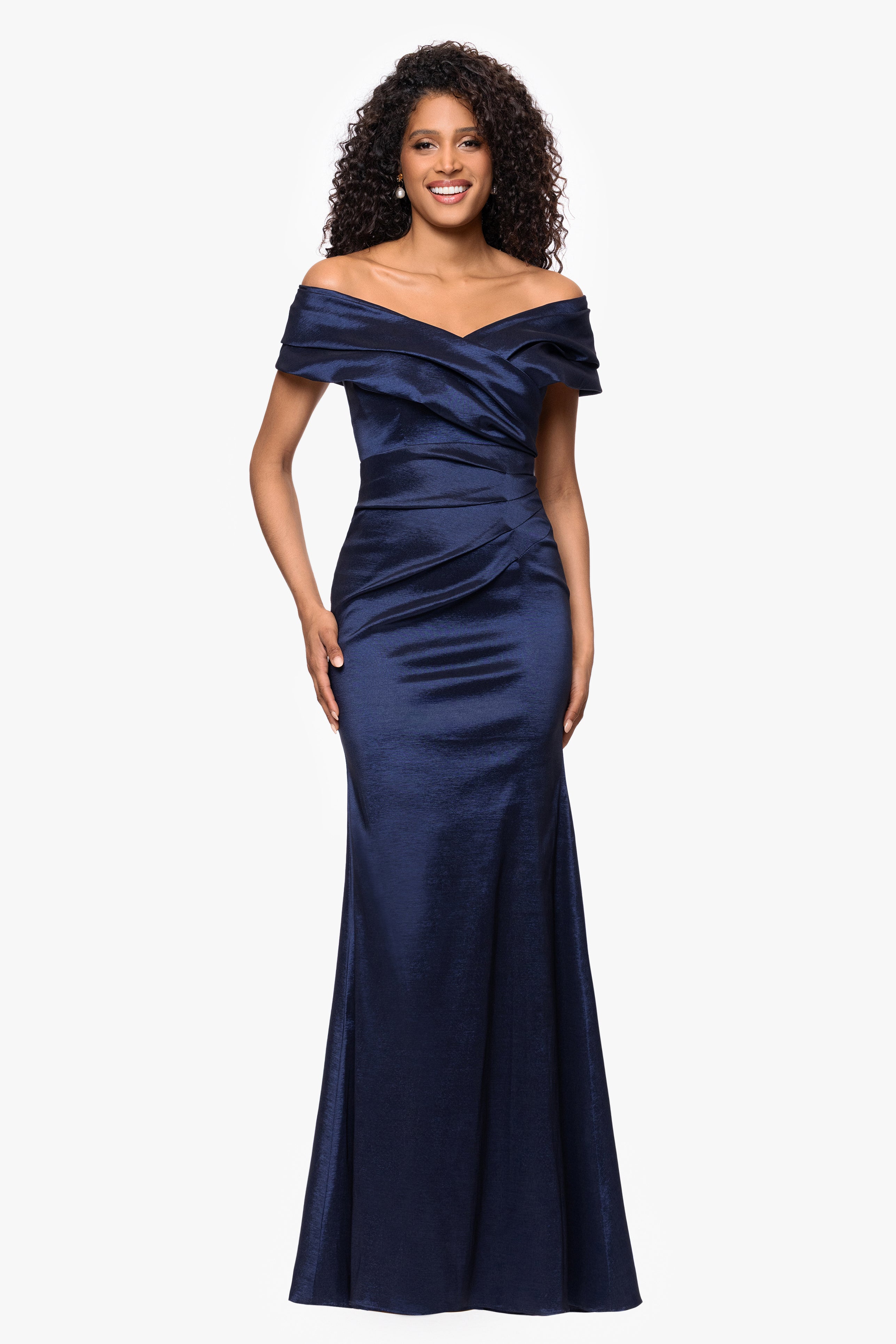 "Raquel" Taffeta Off the Shoulder Floor Length Dress