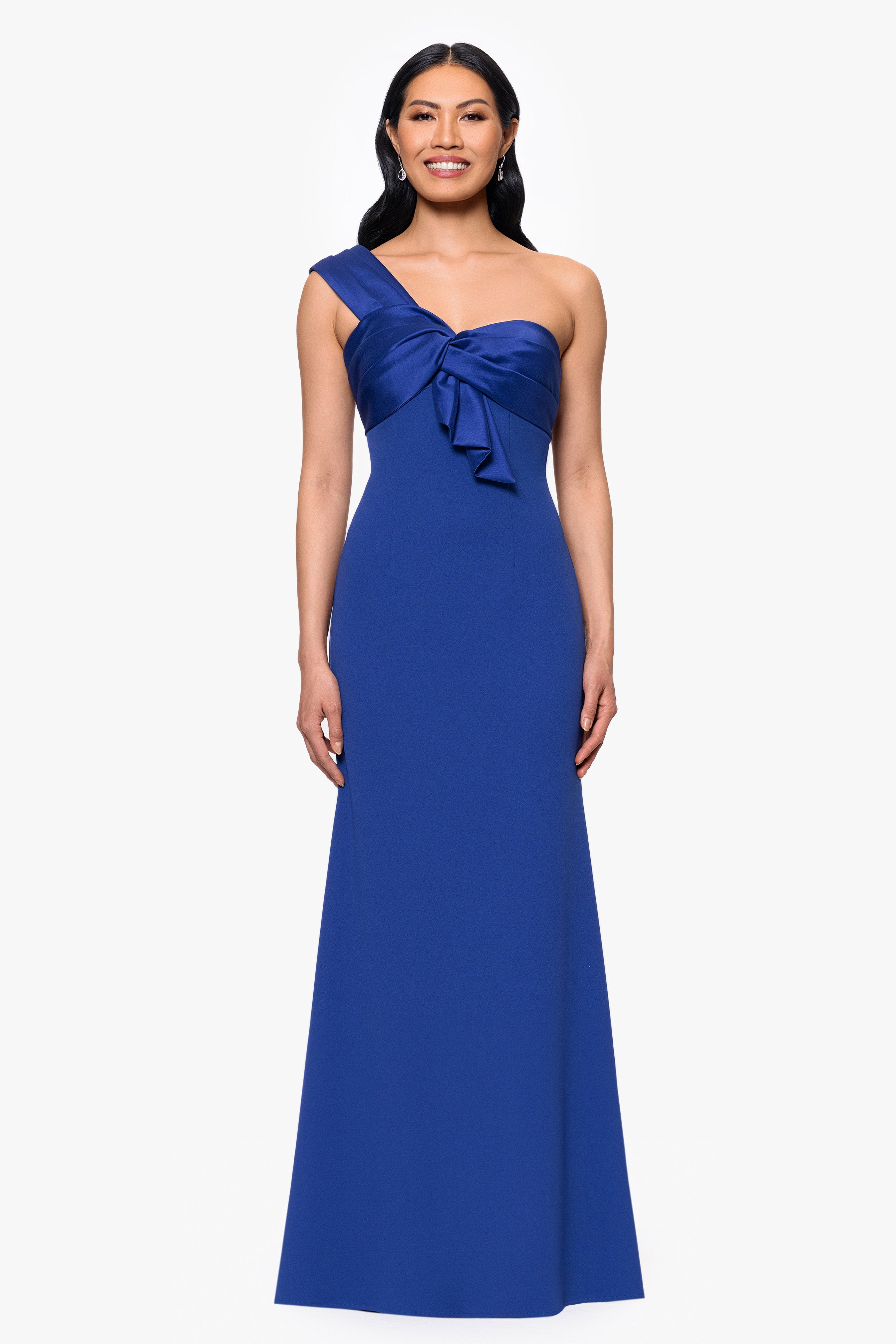 "Clarke" Scuba Crepe and Satin One Shoulder Floor Length Dress