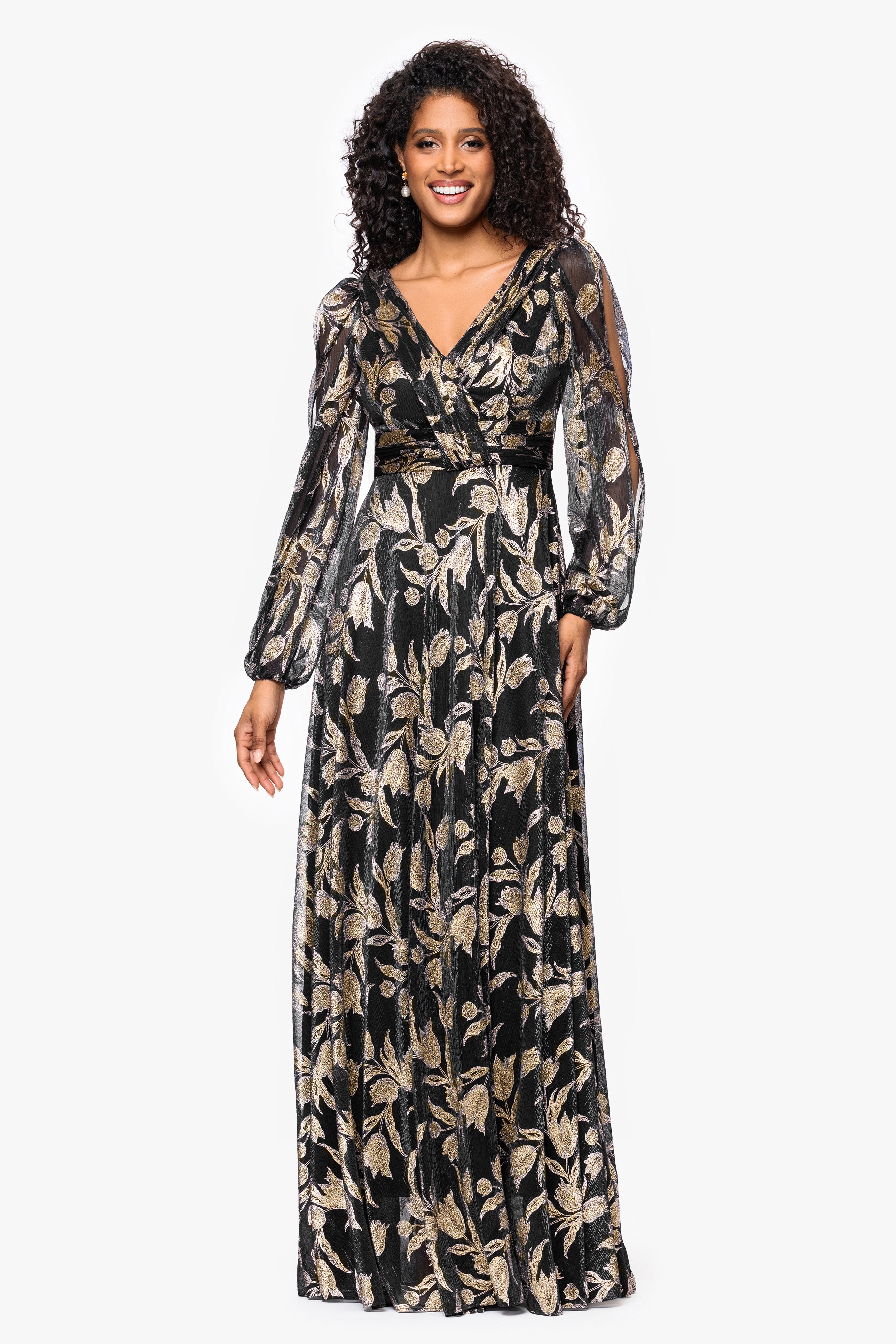 "Elisabeth" Foil Print V-Neck Long Sleeve Floor Length Dress