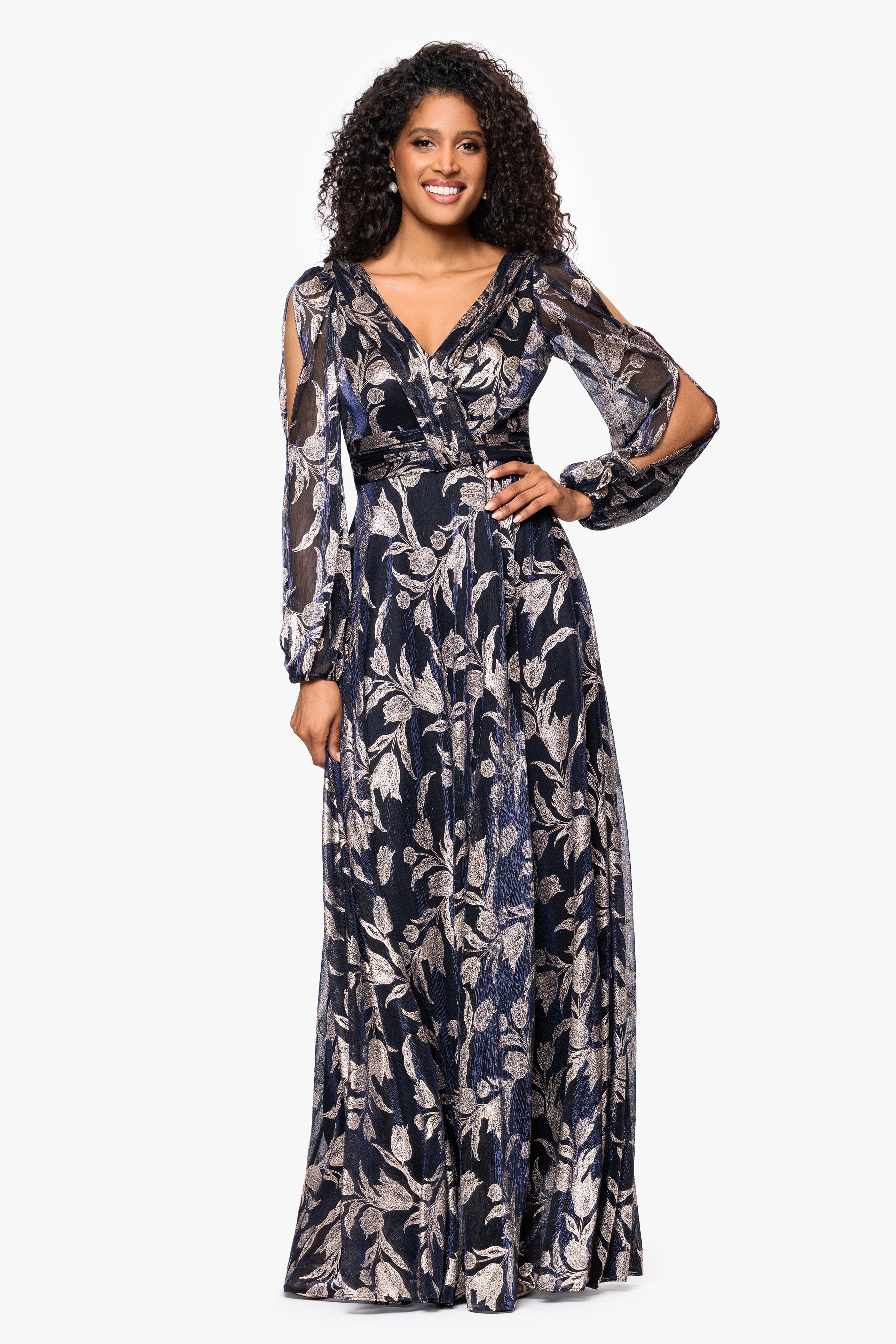 "Elisabeth" Foil Print V-Neck Long Sleeve Floor Length Dress