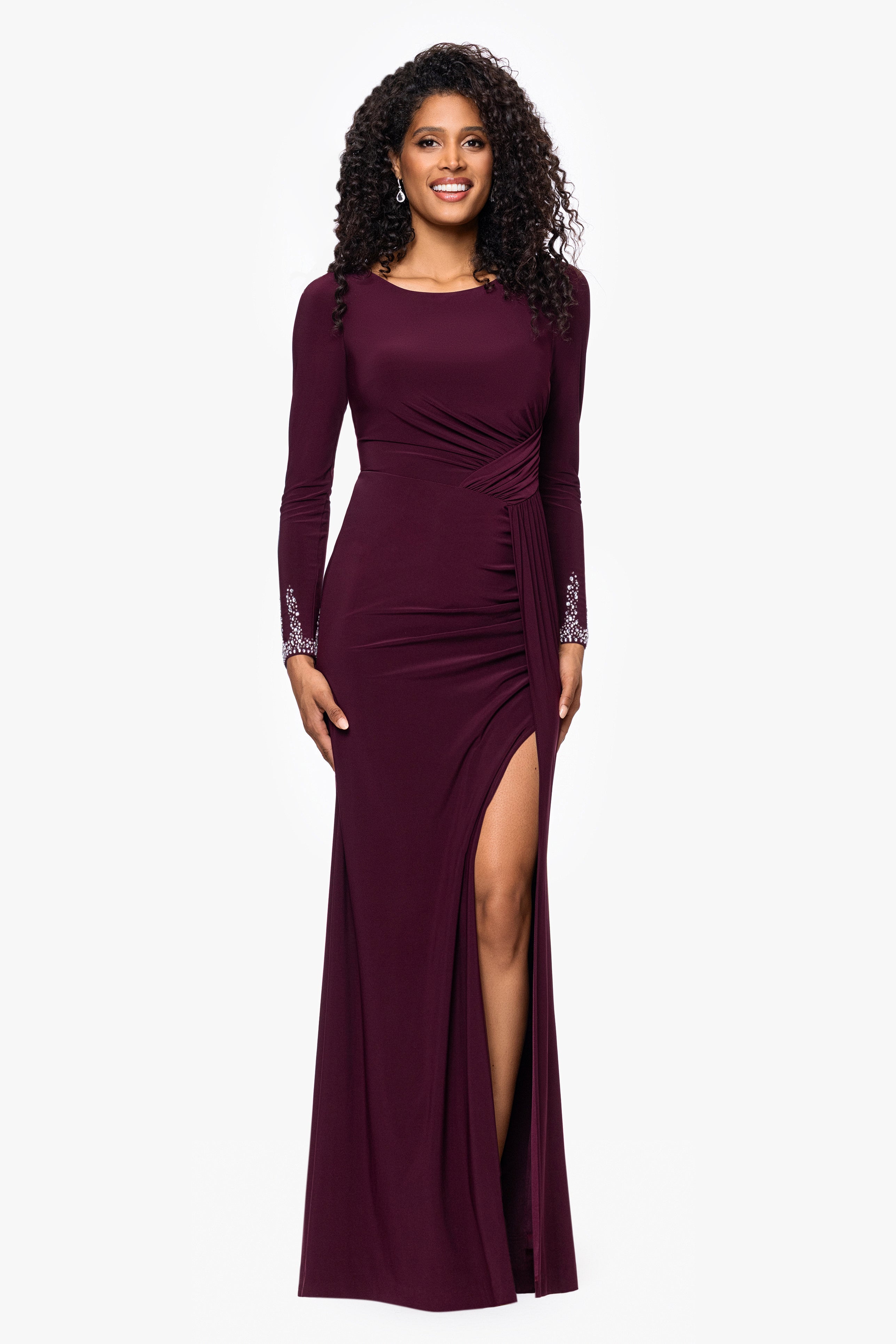"Lolita" Jersey Knit Long Sleeve Beaded Cuff Floor Length Dress
