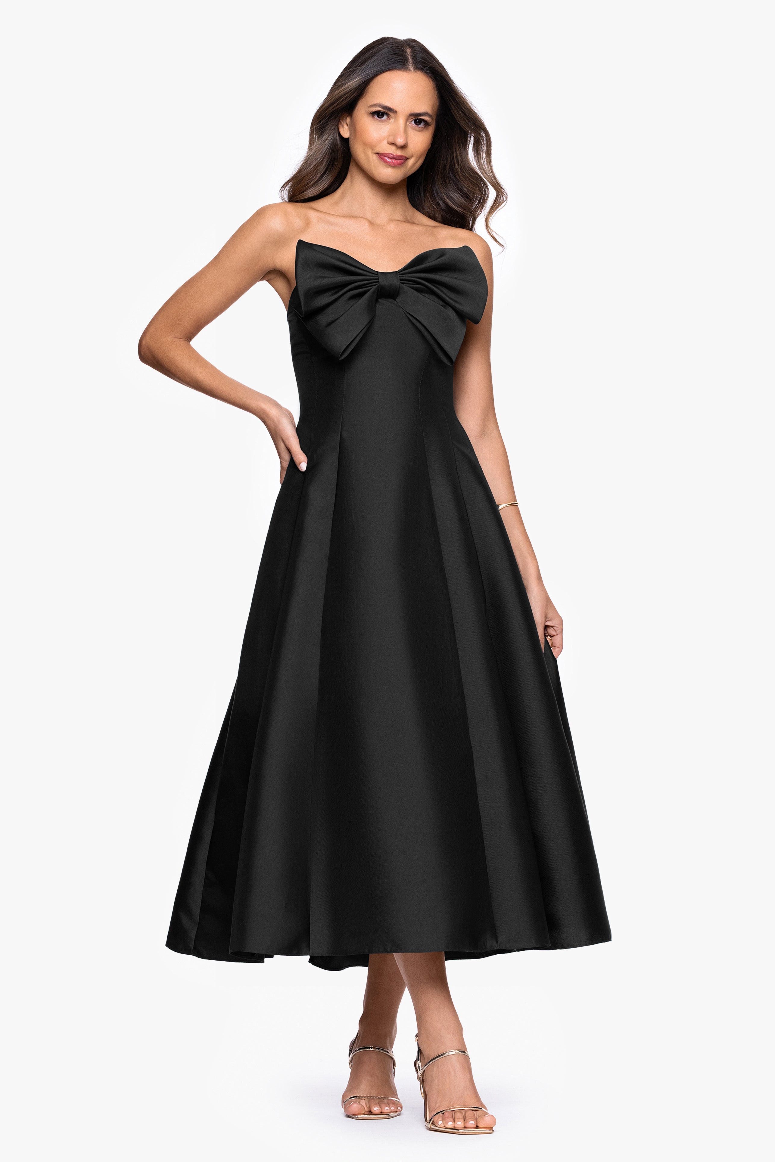 "Coulette" Satin Bow Strapless Midi Dress