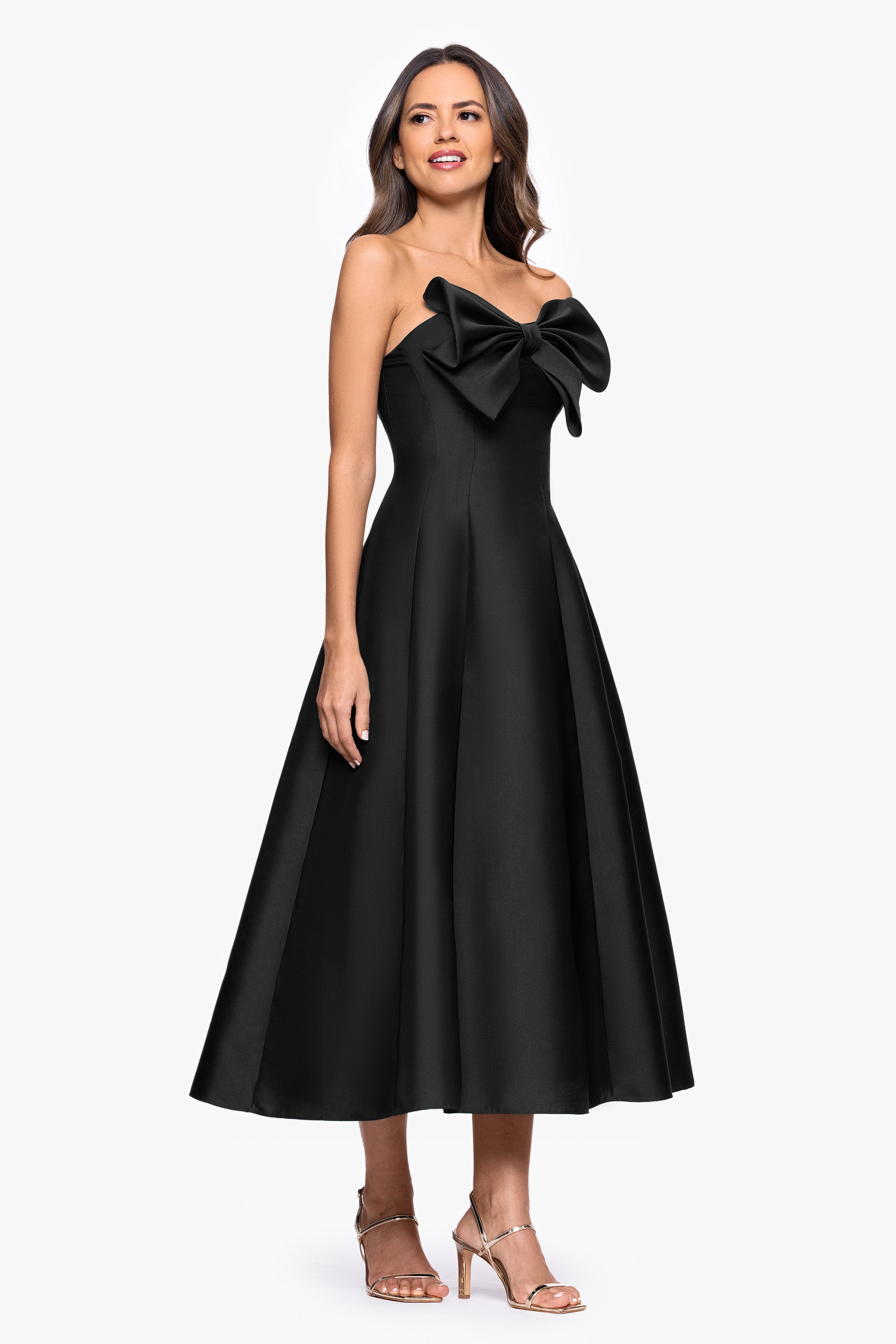 "Coulette" Satin Bow Strapless Midi Dress