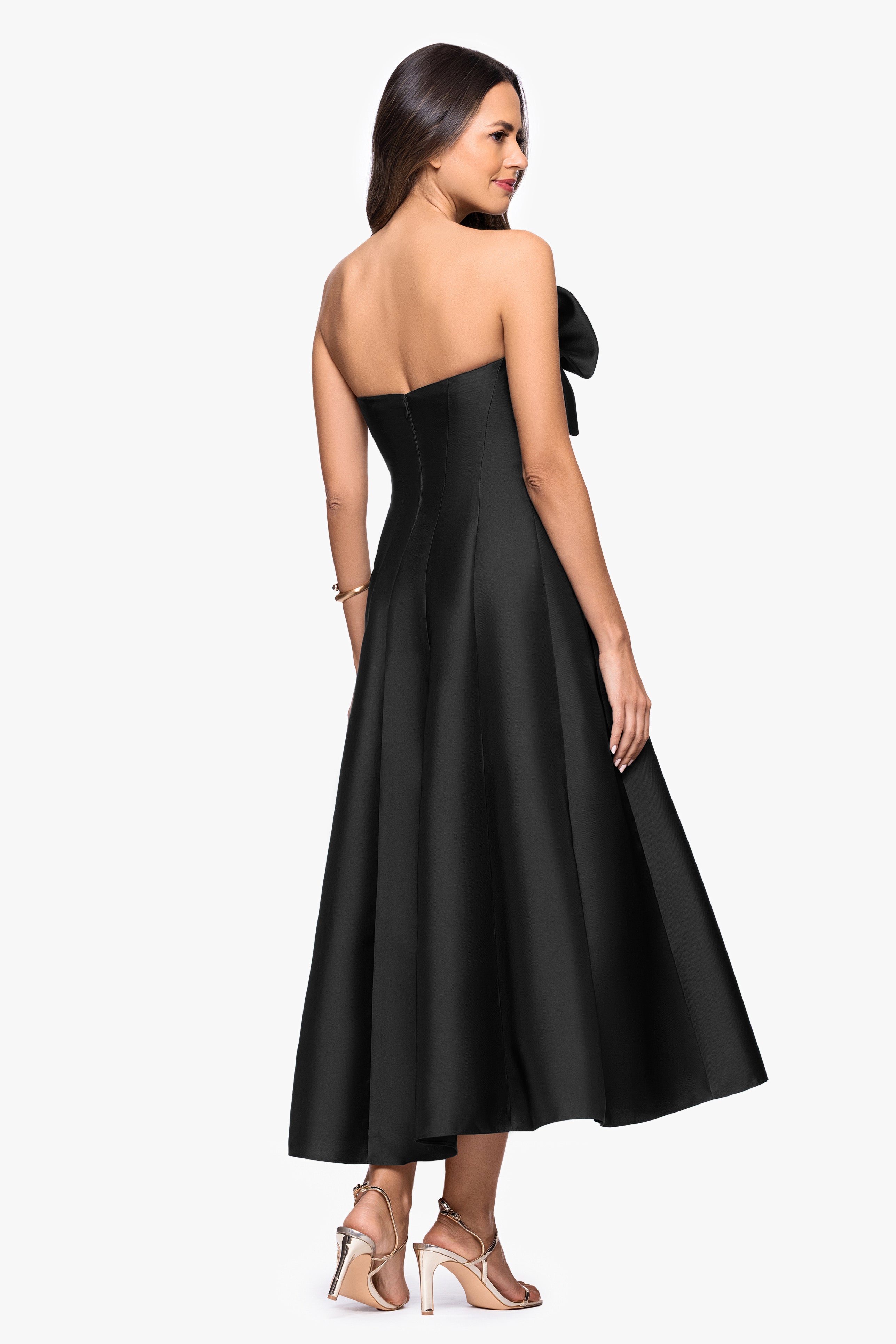 "Coulette" Satin Bow Strapless Midi Dress