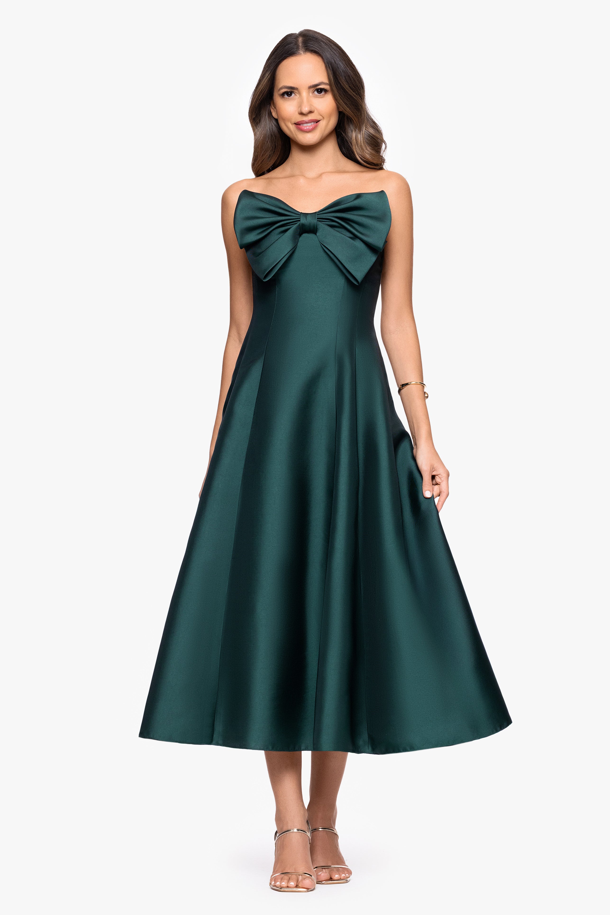 "Coulette" Satin Bow Strapless Midi Dress