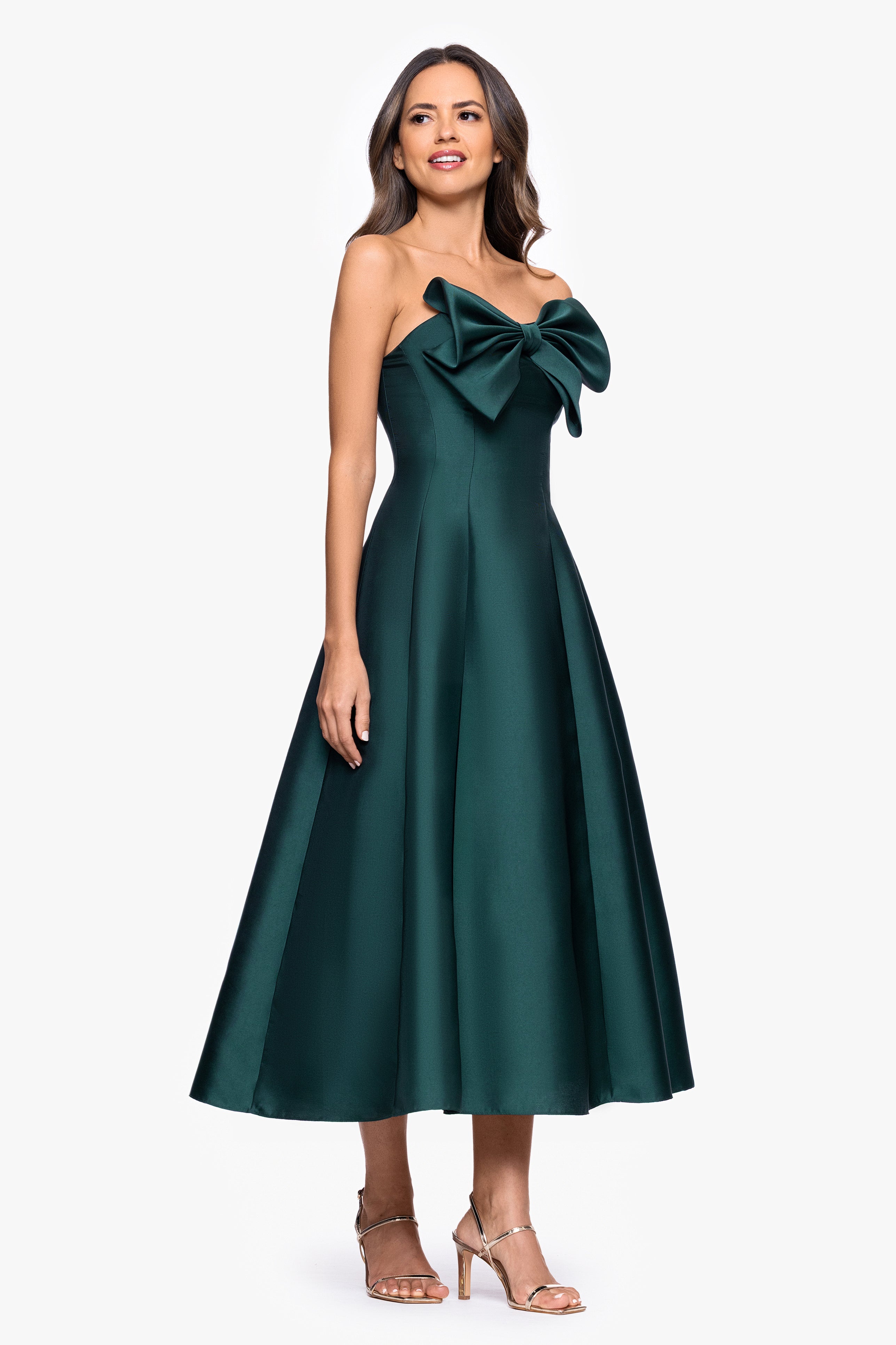 "Coulette" Satin Bow Strapless Midi Dress
