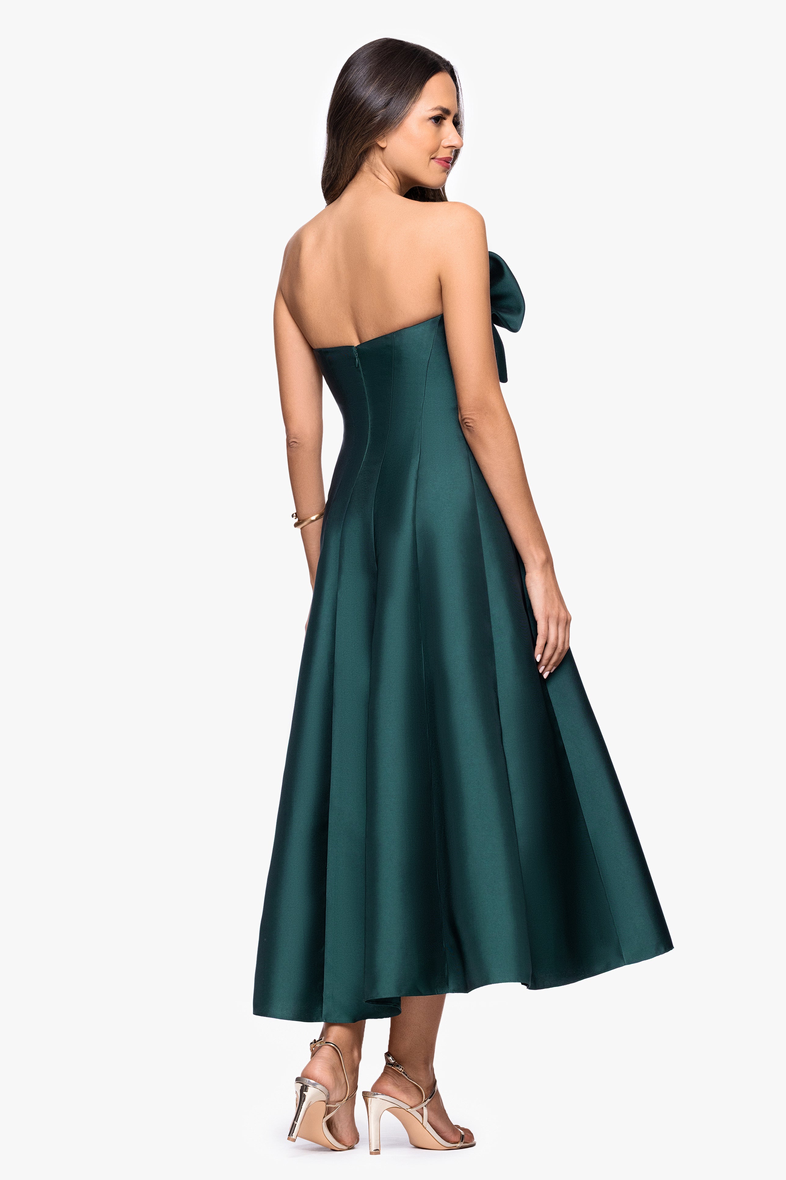 "Coulette" Satin Bow Strapless Midi Dress