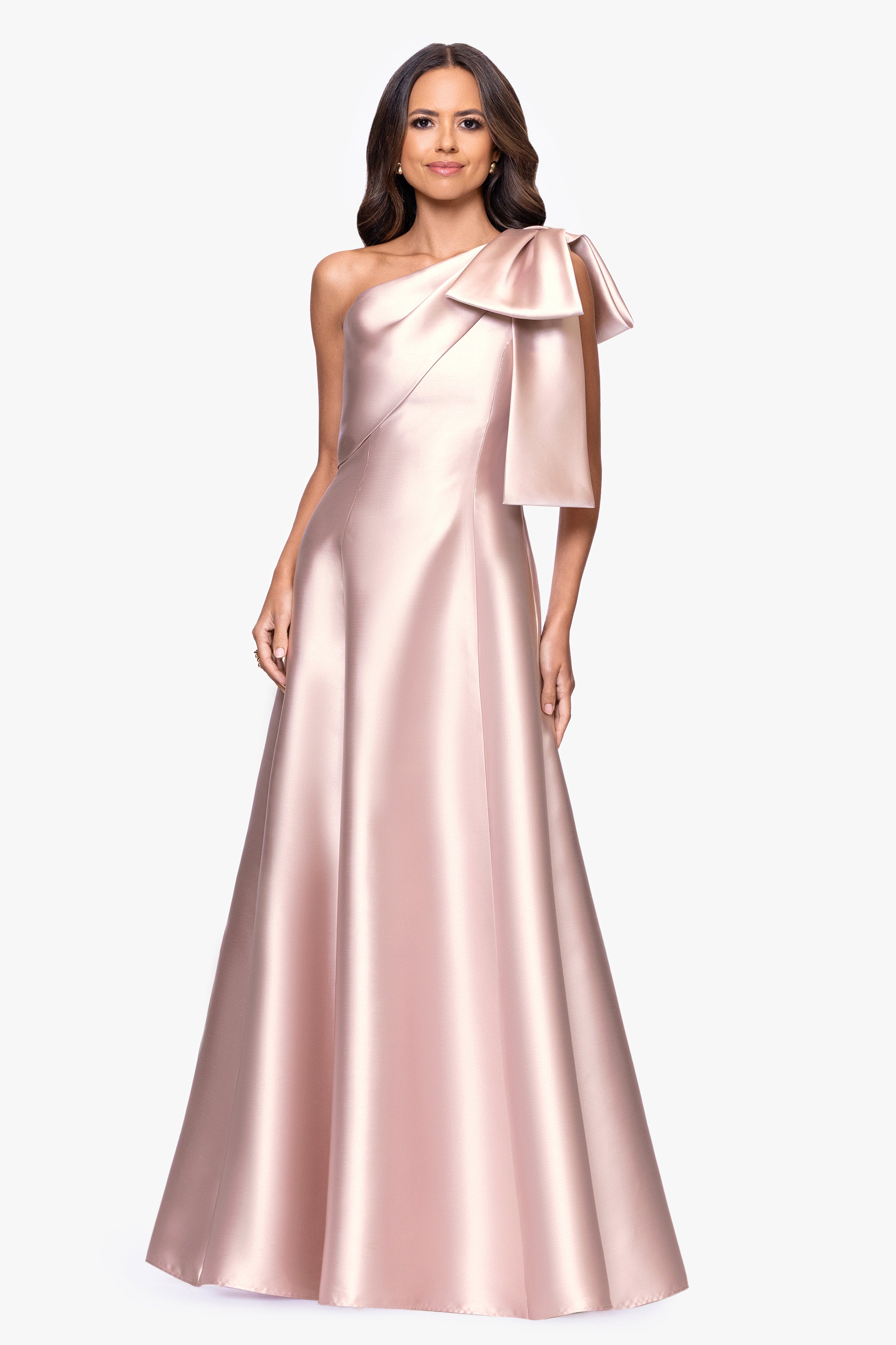 "Rachel" Satin One Shoulder Bow A-Line Floor Length Dress