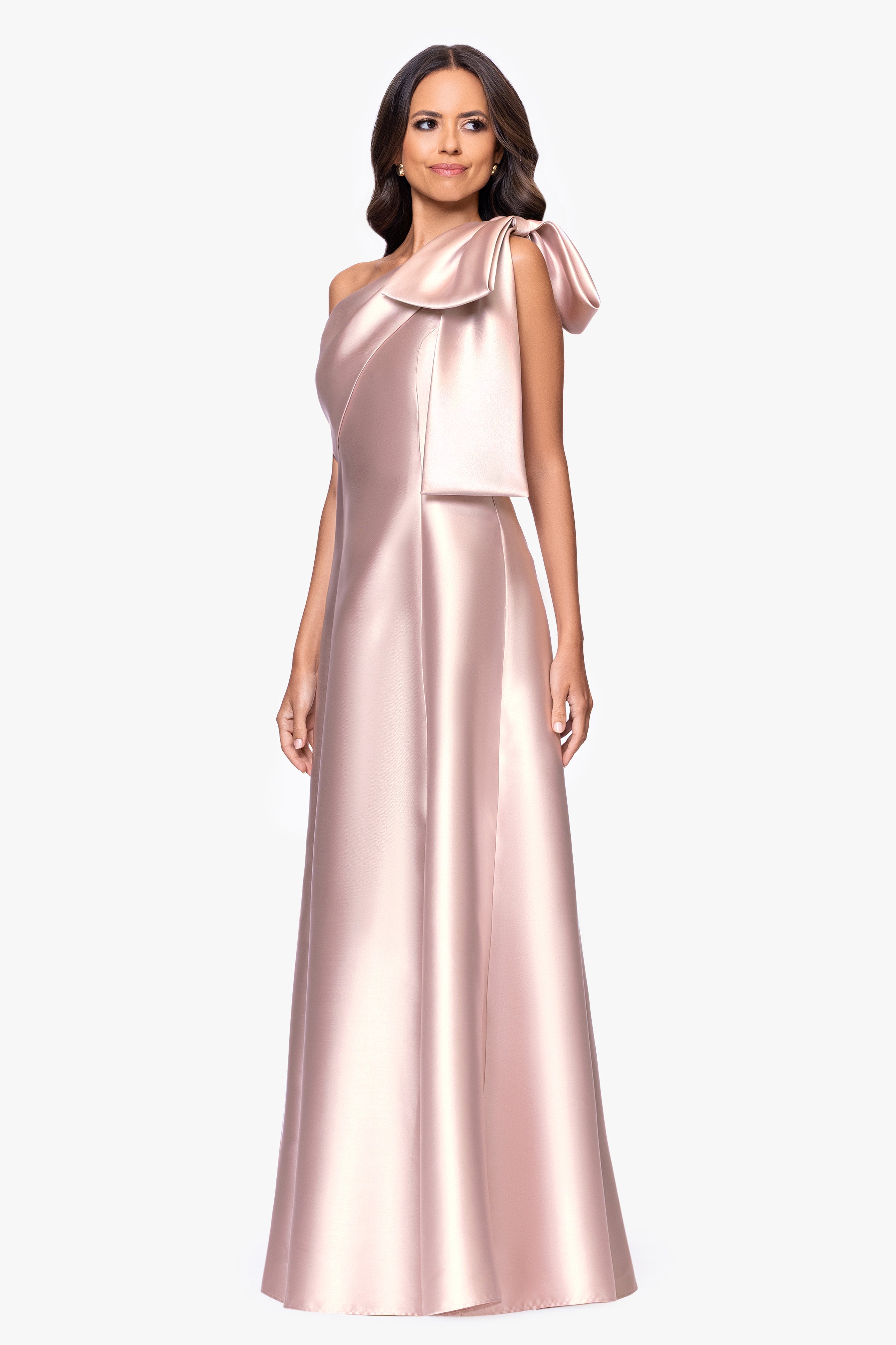 "Rachel" Satin One Shoulder Bow A-Line Floor Length Dress