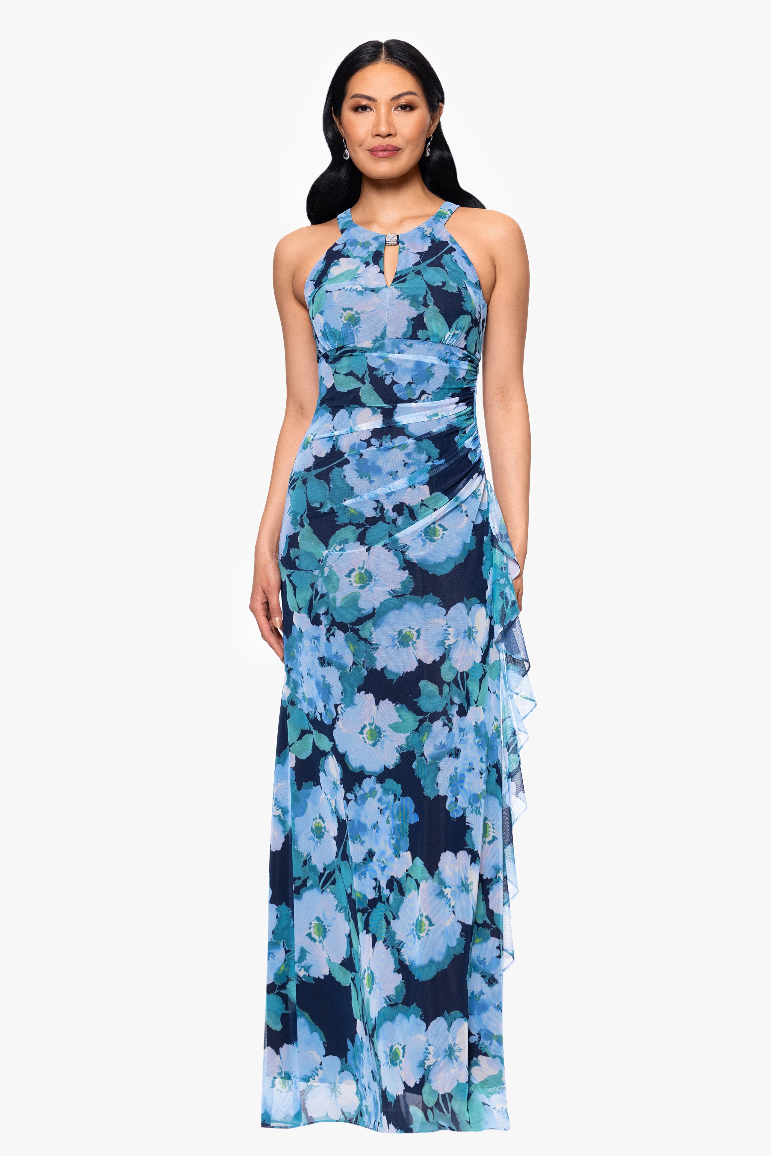 "Agatha" Floral Print Mesh Ruffle Floor Length Dress