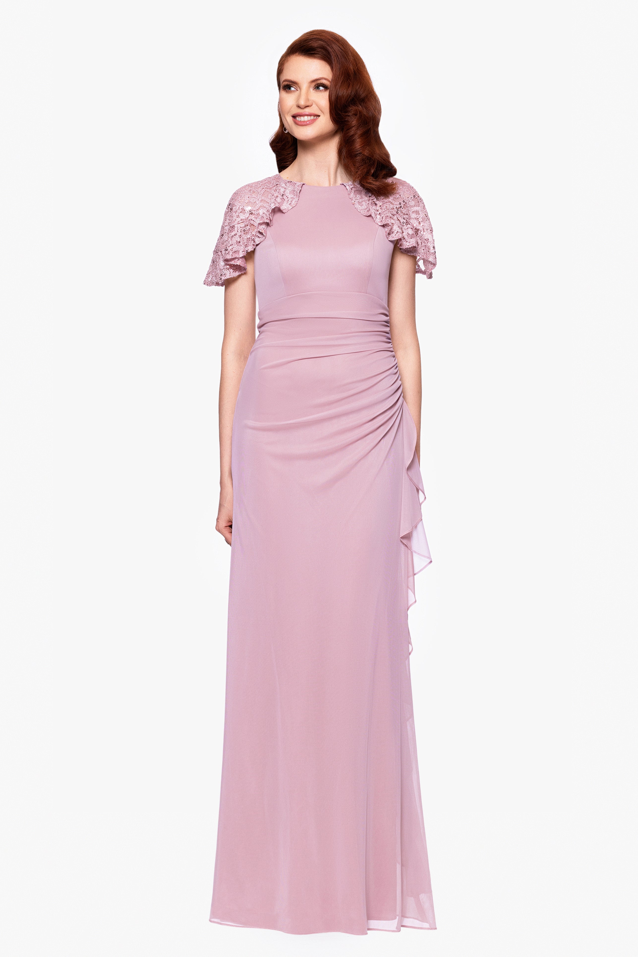 "Alexia" Sheer Matte Jersey With Lace Sleeves Floor Length Dress