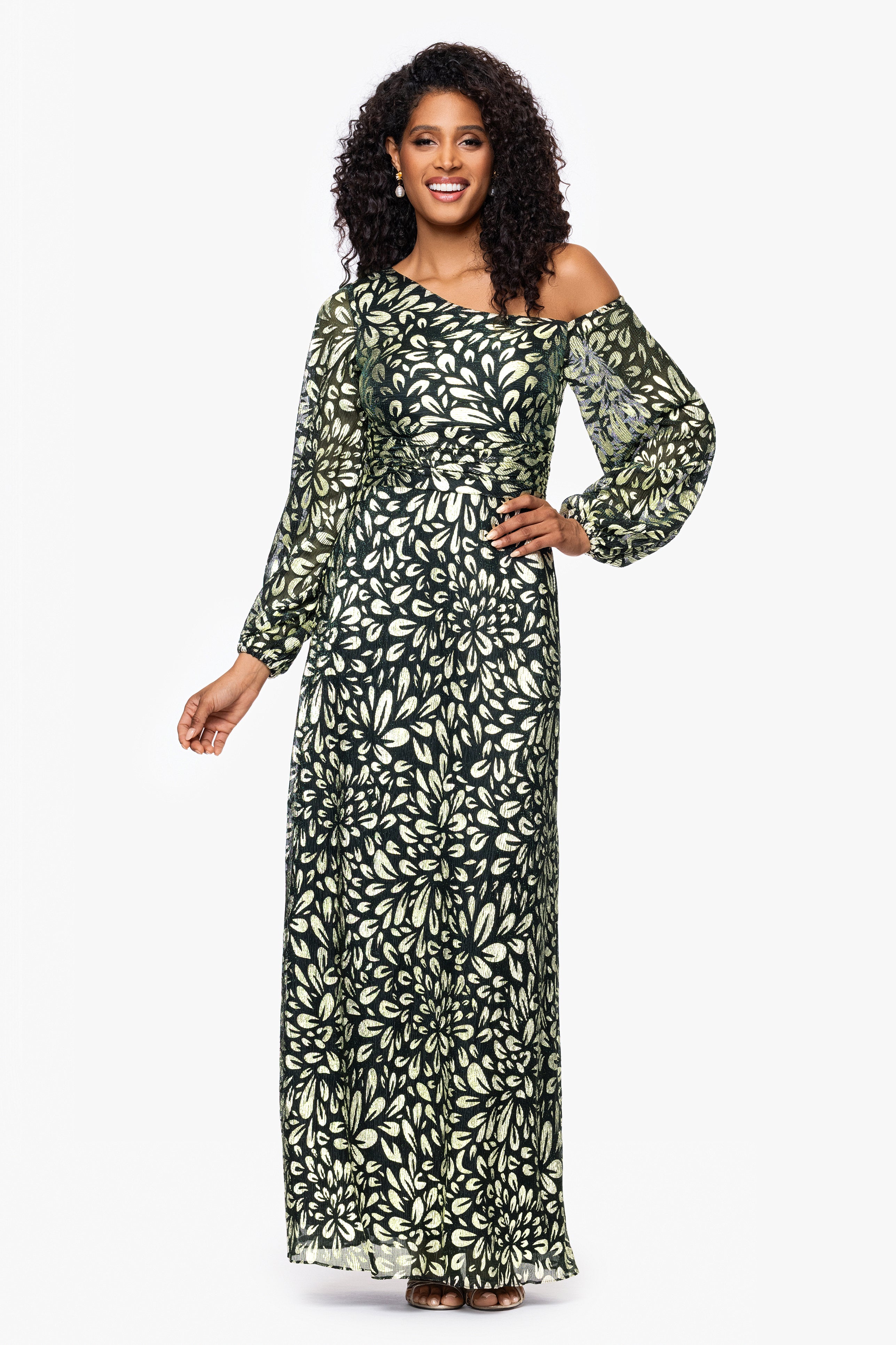 Petite "Malia" Metallic Off the Shoulder Long Sleeve Floor Length Dress