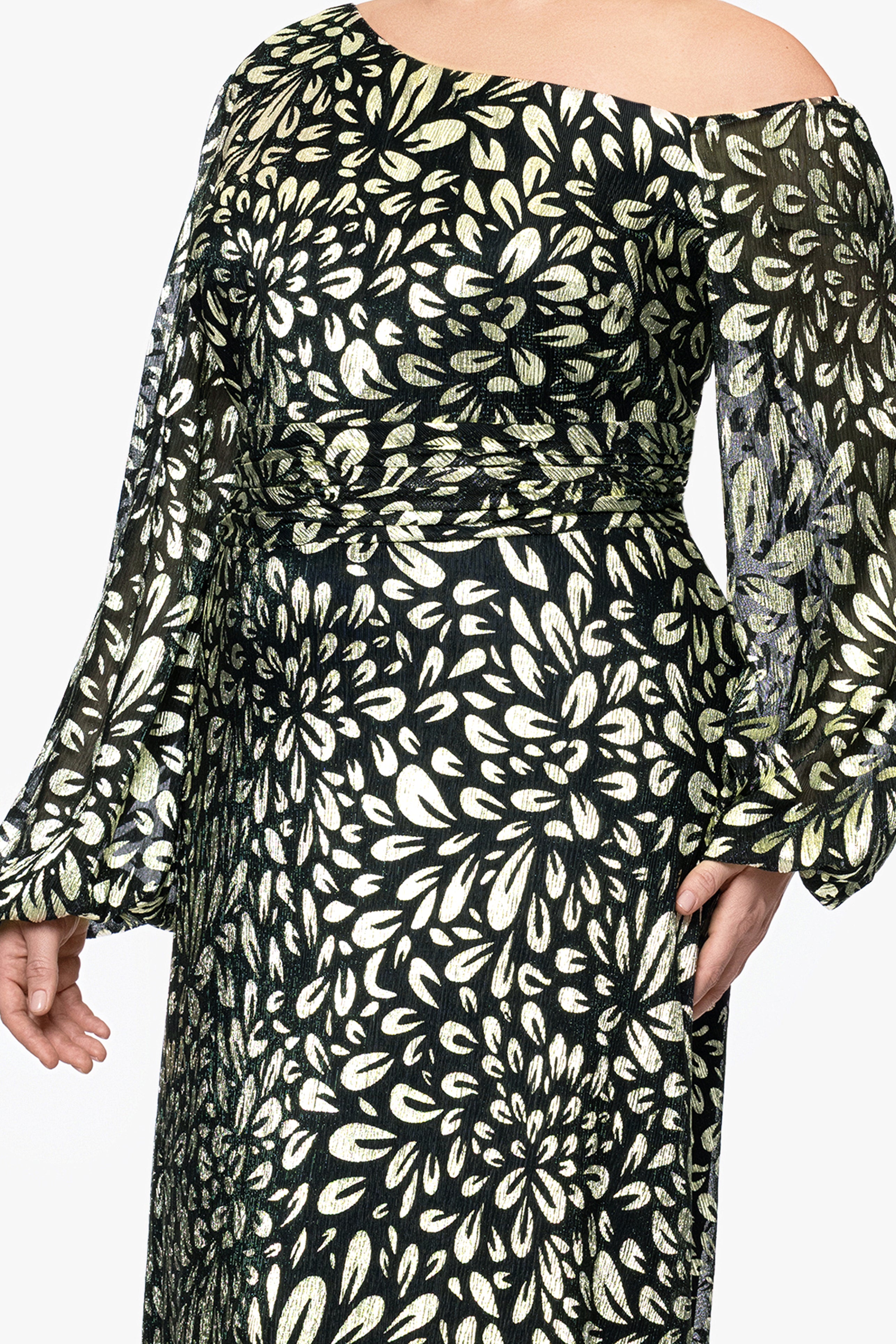 Plus "Malia" Metallic Off the Shoulder Long Sleeve Floor Length Dress