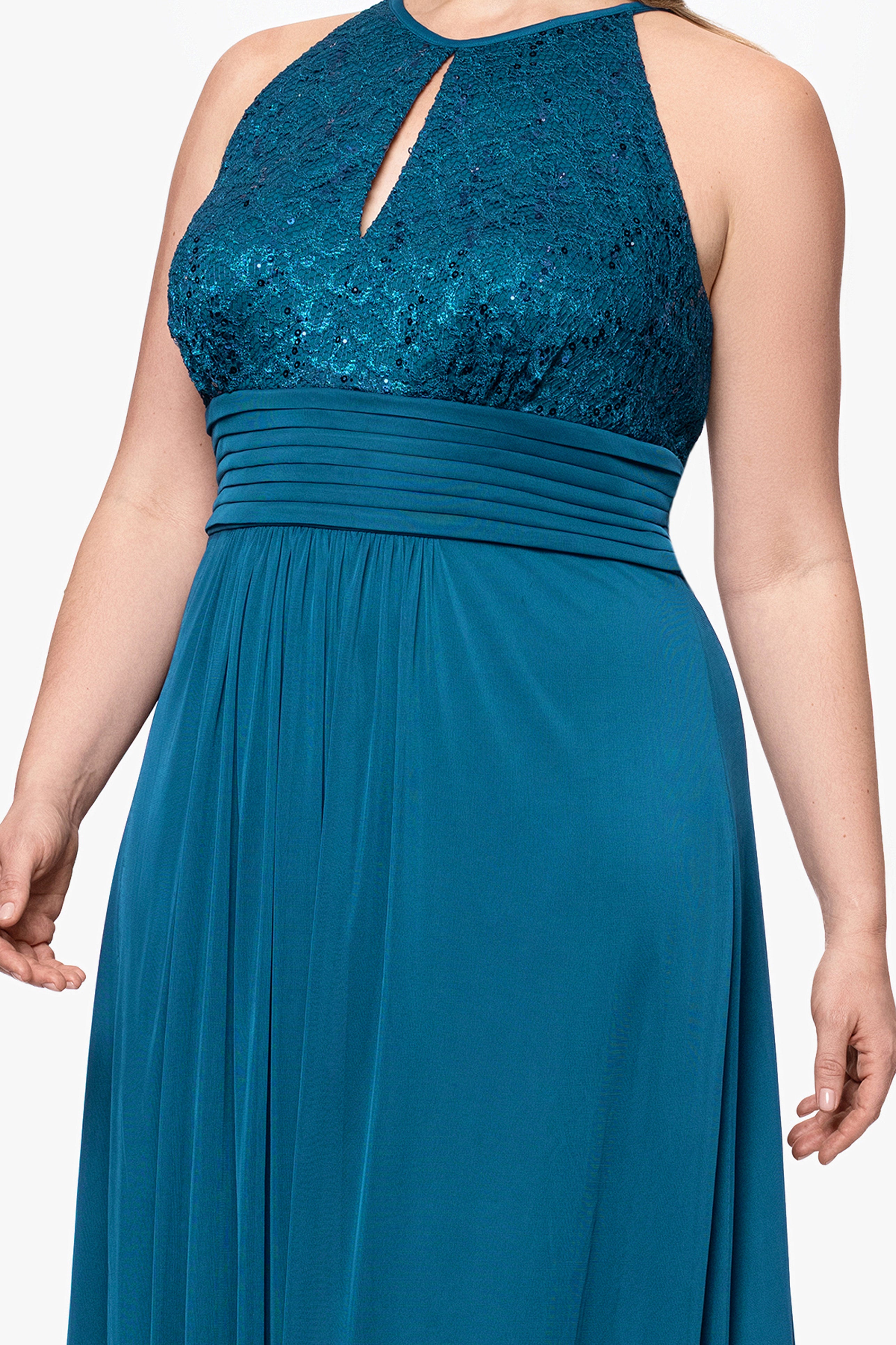 Plus "Selena" Jersey and Lace Halter Keyhole Neck Floor Length Dress