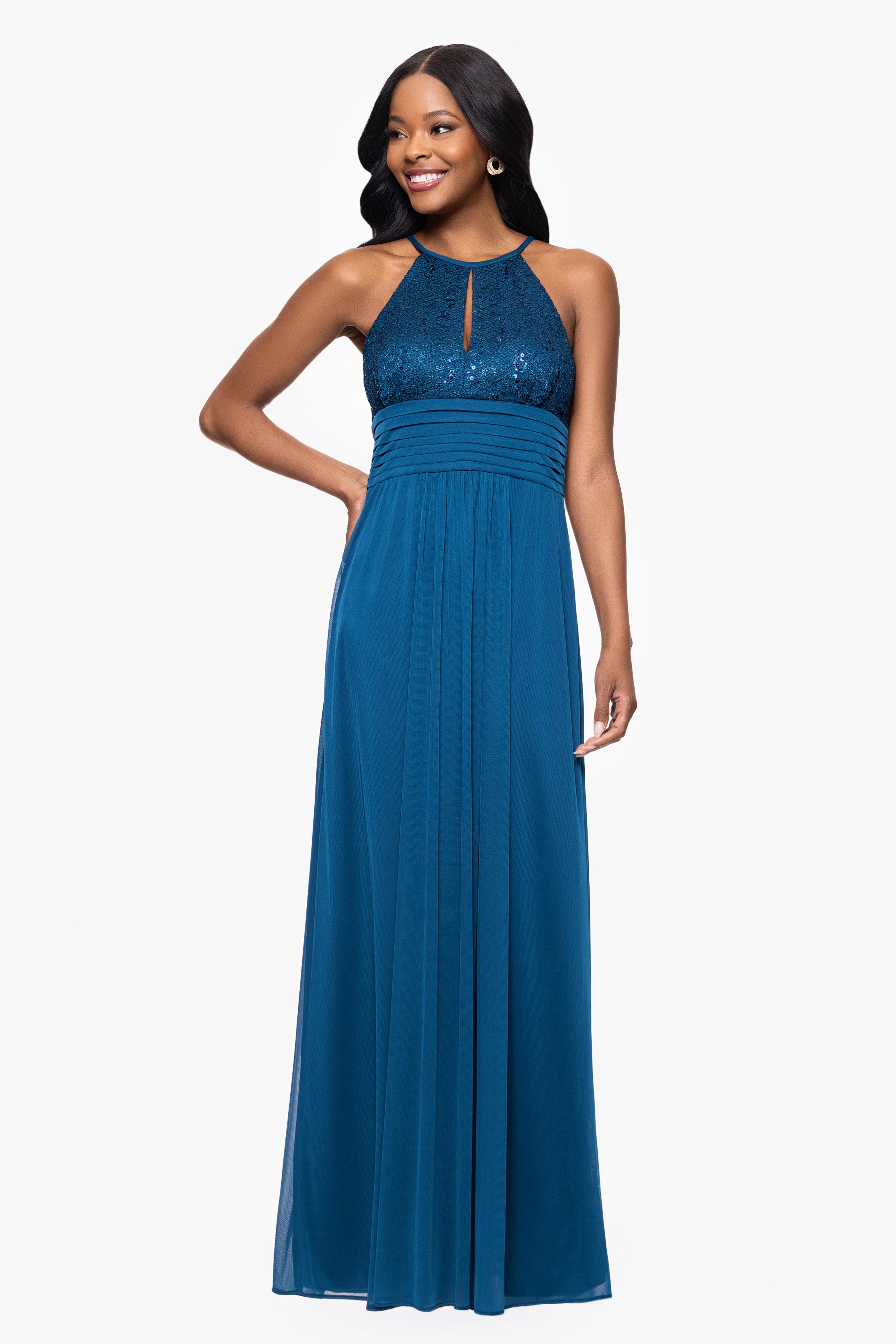 Petite "Selena" Jersey and Lace Halter Keyhole Neck Floor Length Dress