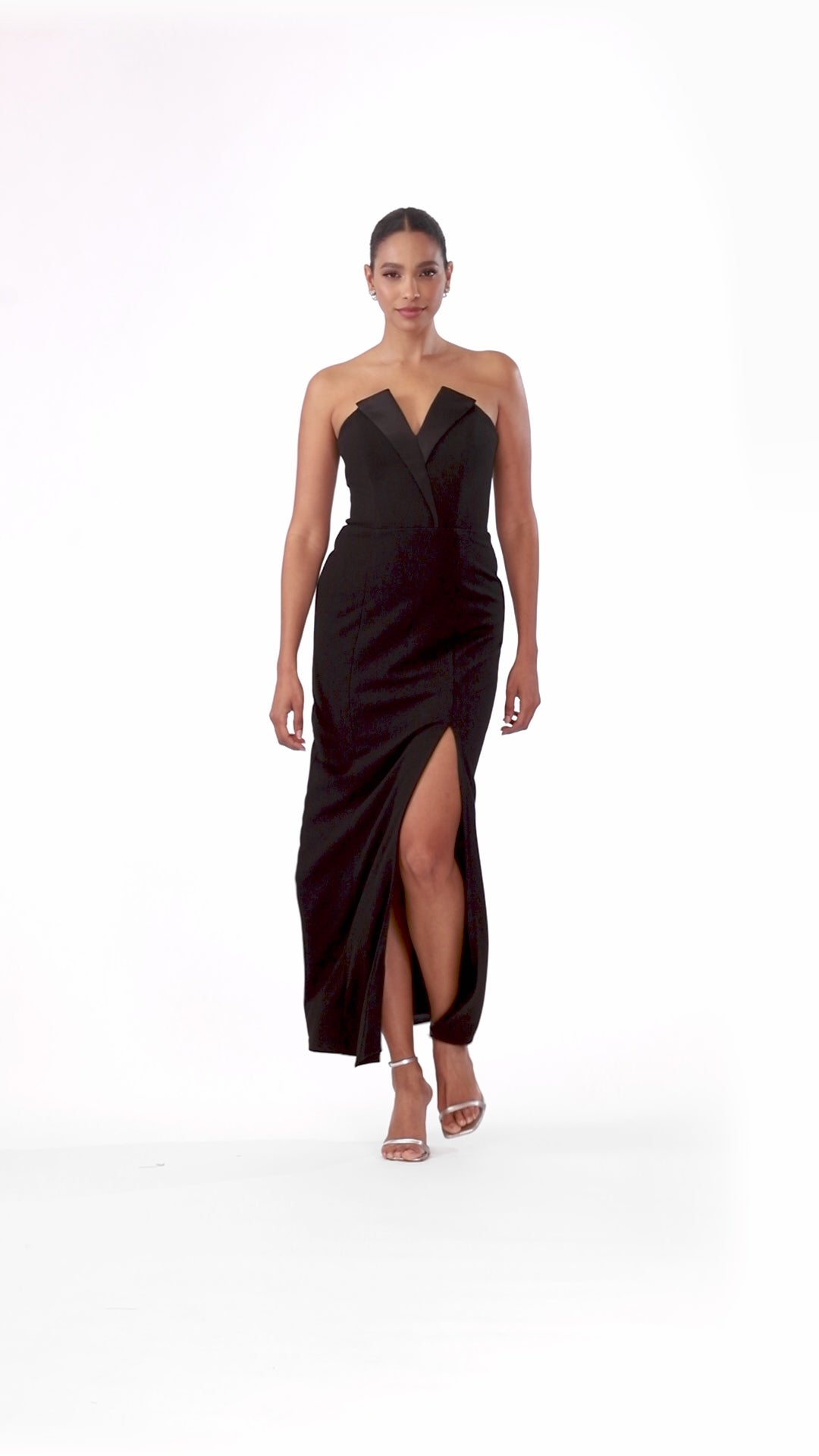 "Violette" Long Strapless V Neck Tuxedo Dress